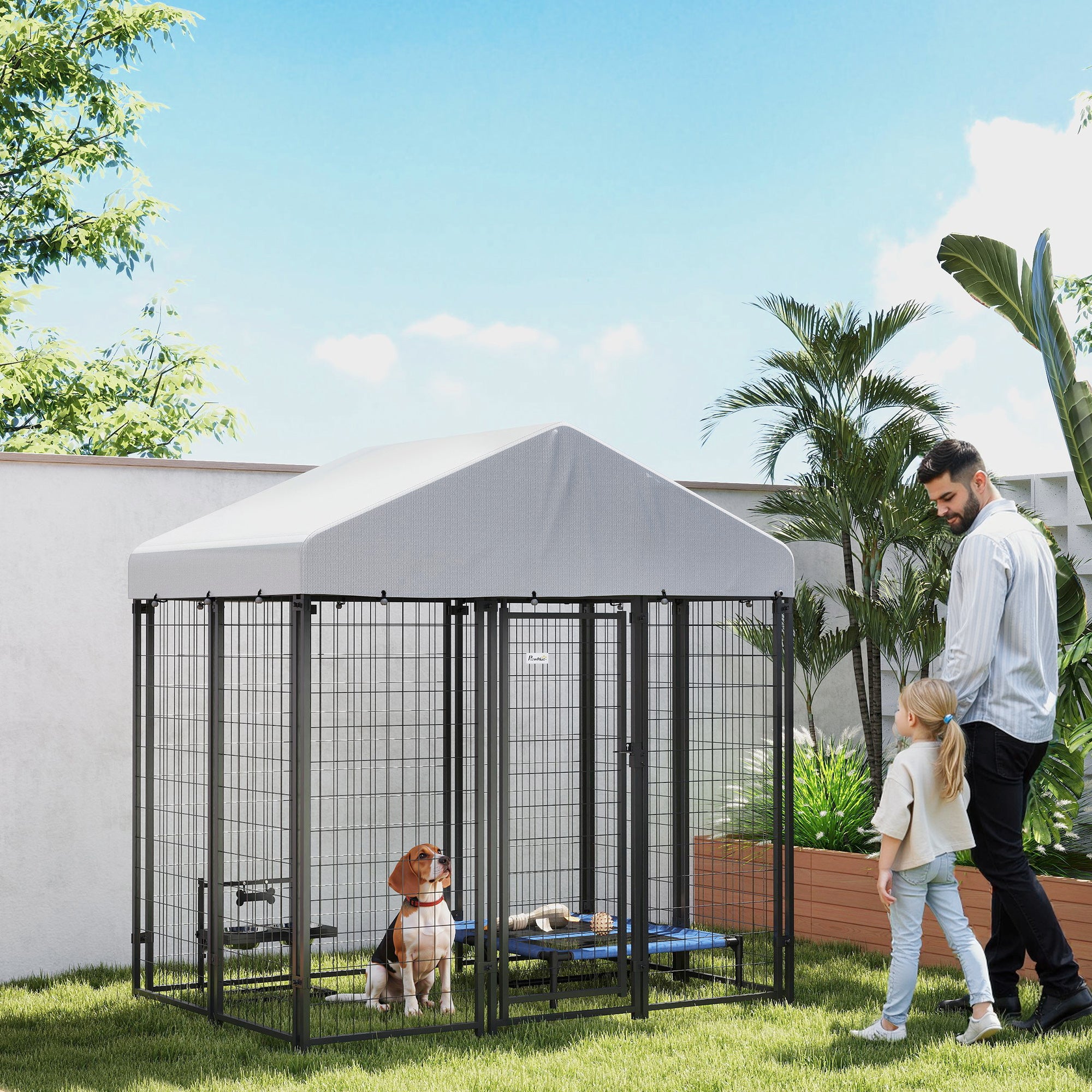 PawHut 6' x 4' x 6' Outdoor Dog Kennel, Lockable Dog Run Crate with Waterproof UV-Resistant Cover, Welded Wire Steel Fence for Medium and Small Dogs, Silver