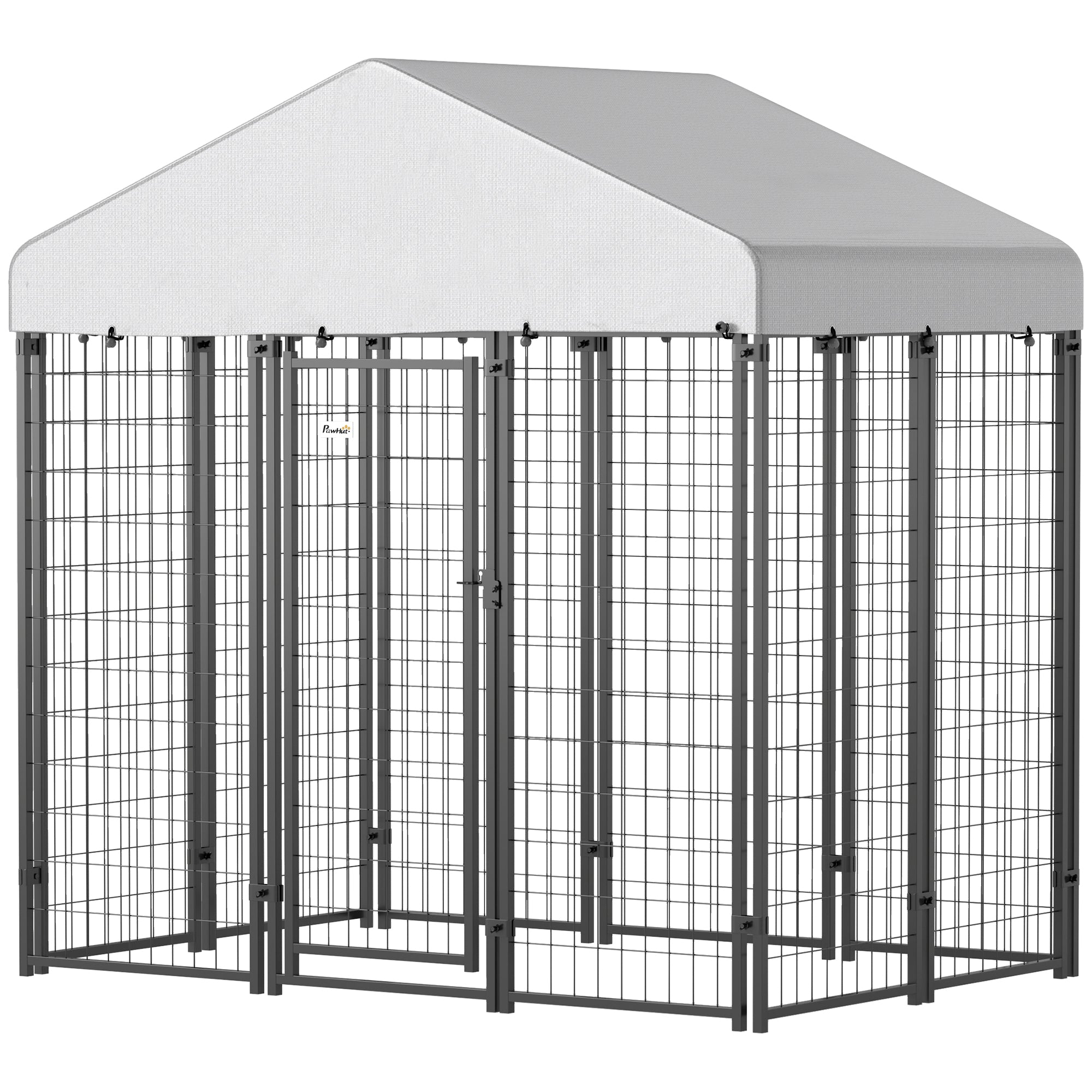 PawHut 6' x 4' x 6' Outdoor Dog Kennel, Lockable Dog Run Crate with Waterproof UV-Resistant Cover, Welded Wire Steel Fence for Medium and Small Dogs, Silver