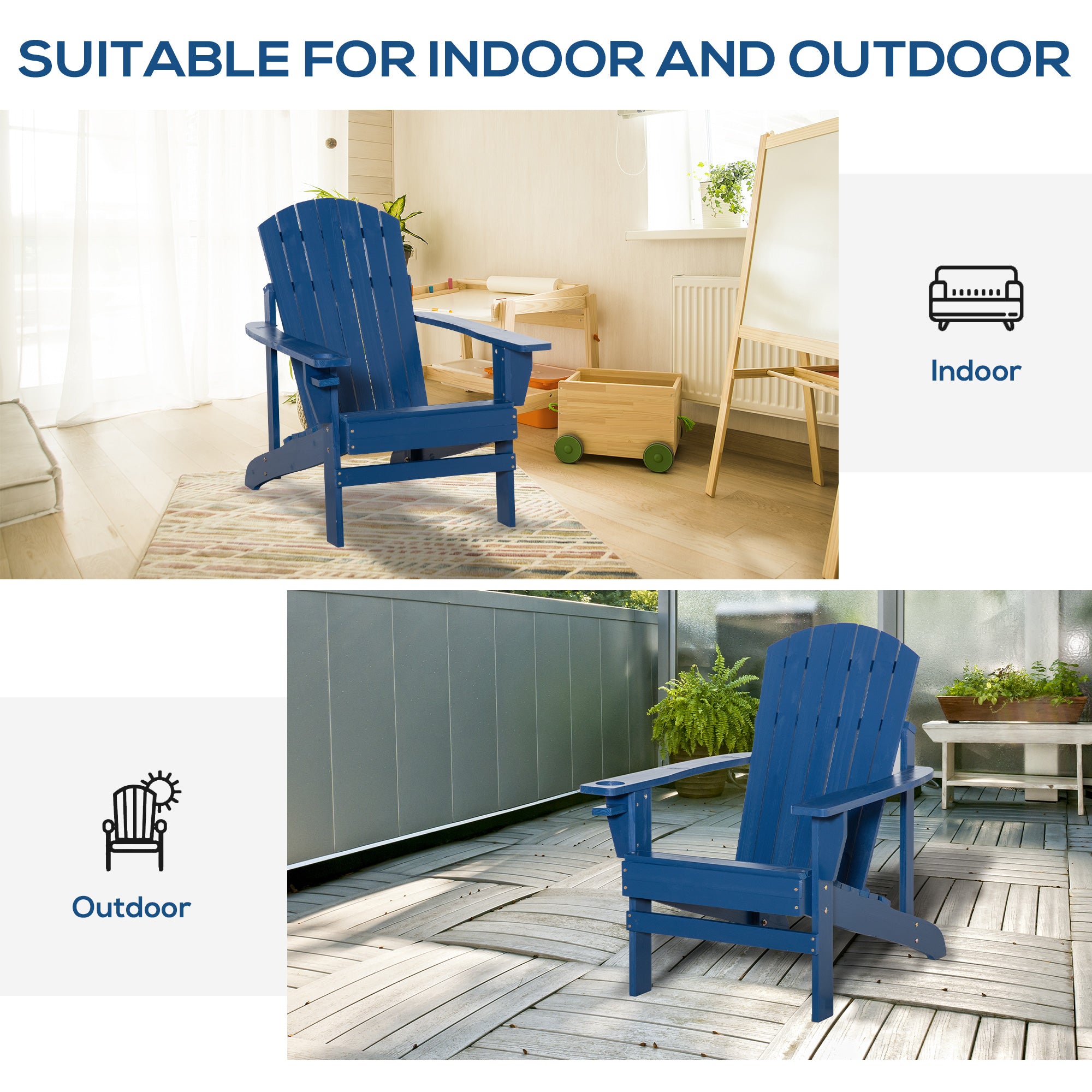 Outsunny Classic Adirondack Chair Muskoka Chair, Garden Deck Chair with Cup Holder for Patio, Indoor, Backyard, Navy Blue