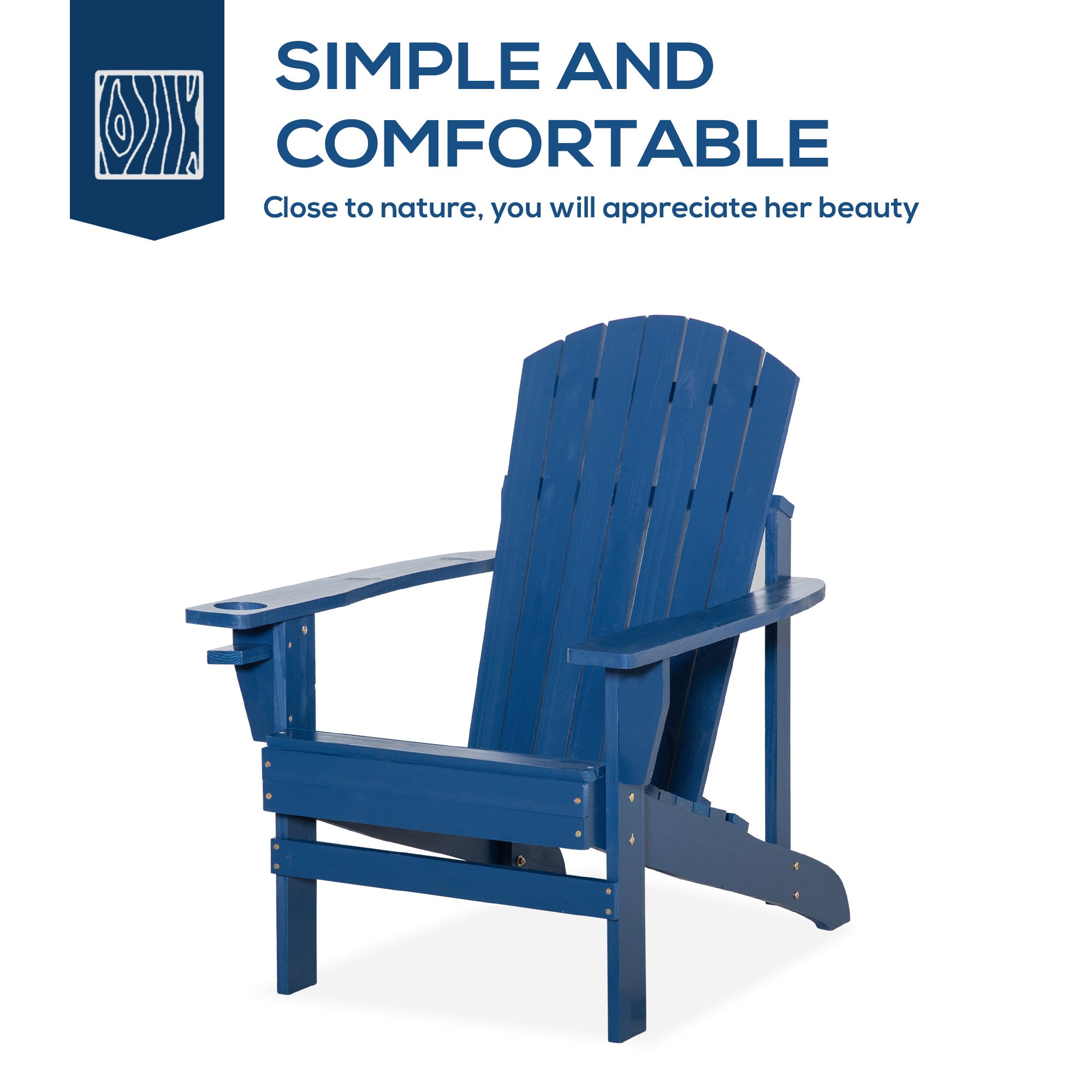 Outsunny Classic Adirondack Chair Muskoka Chair, Garden Deck Chair with Cup Holder for Patio, Indoor, Backyard, Navy Blue