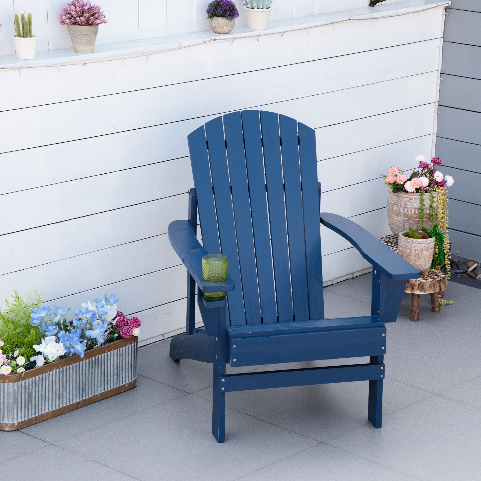 Outsunny Classic Adirondack Chair Muskoka Chair, Garden Deck Chair with Cup Holder for Patio, Indoor, Backyard, Navy Blue