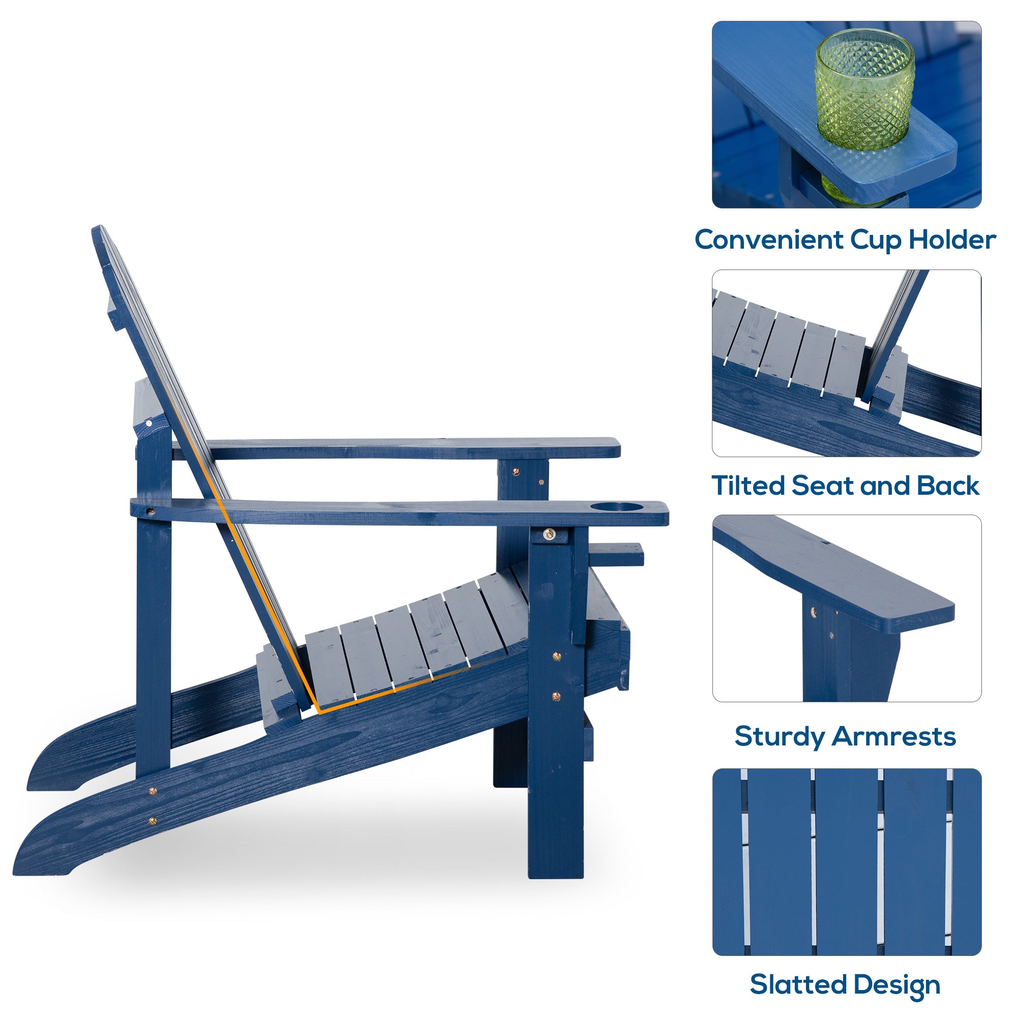 Outsunny Classic Adirondack Chair Muskoka Chair, Garden Deck Chair with Cup Holder for Patio, Indoor, Backyard, Navy Blue