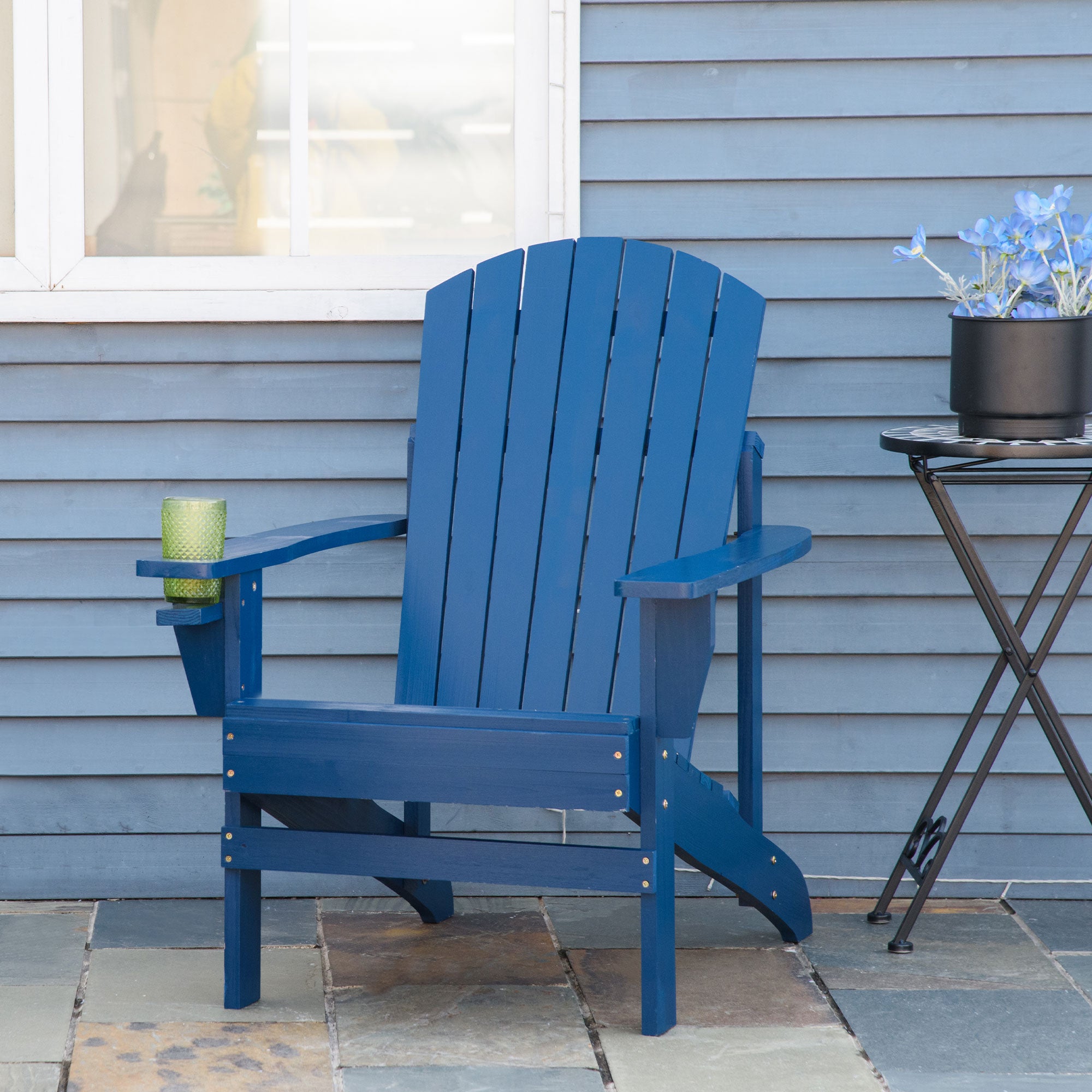 Outsunny Classic Adirondack Chair Muskoka Chair, Garden Deck Chair with Cup Holder for Patio, Indoor, Backyard, Navy Blue