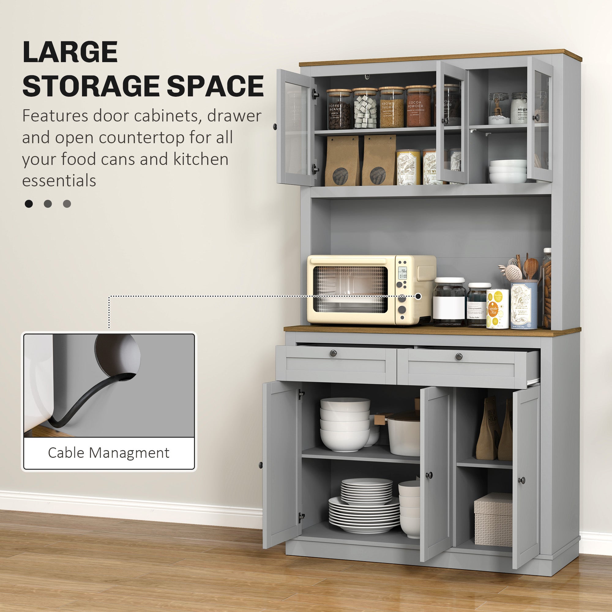 HOMCOM 71" Pantry Cabinet with Microwave Countertop, Tall Kitchen Hutch with 2 Drawers, Freestanding Storage Cabinet with Adjustable Shelves, Glass and Shaker Doors, Grey