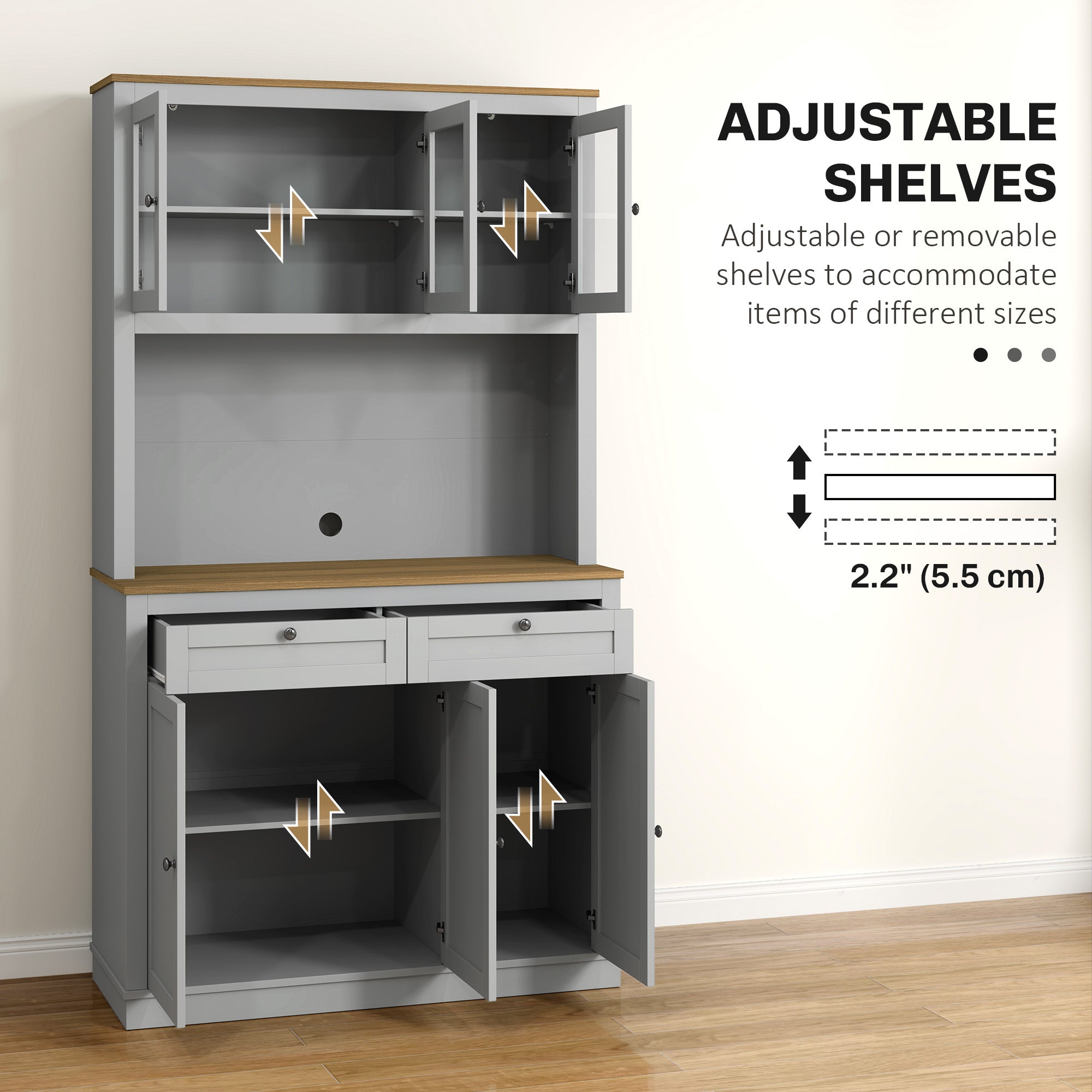 HOMCOM 71" Pantry Cabinet with Microwave Countertop, Tall Kitchen Hutch with 2 Drawers, Freestanding Storage Cabinet with Adjustable Shelves, Glass and Shaker Doors, Grey