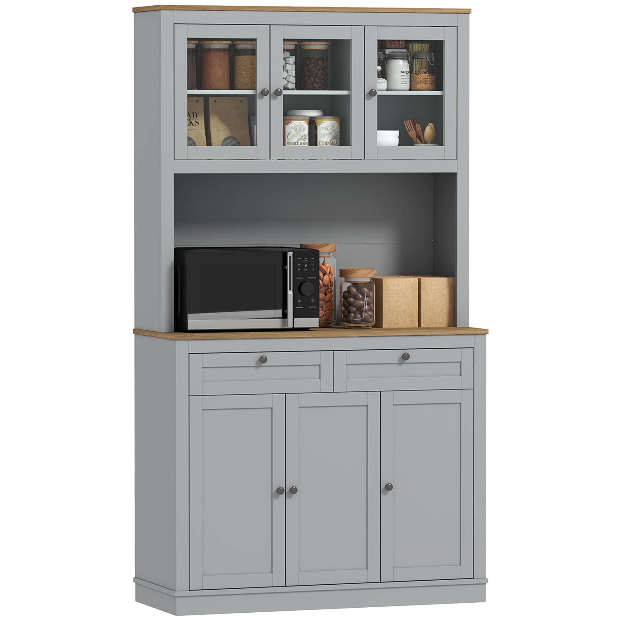 HOMCOM 71" Pantry Cabinet with Microwave Countertop, Tall Kitchen Hutch with 2 Drawers, Freestanding Storage Cabinet with Adjustable Shelves, Glass and Shaker Doors, Grey