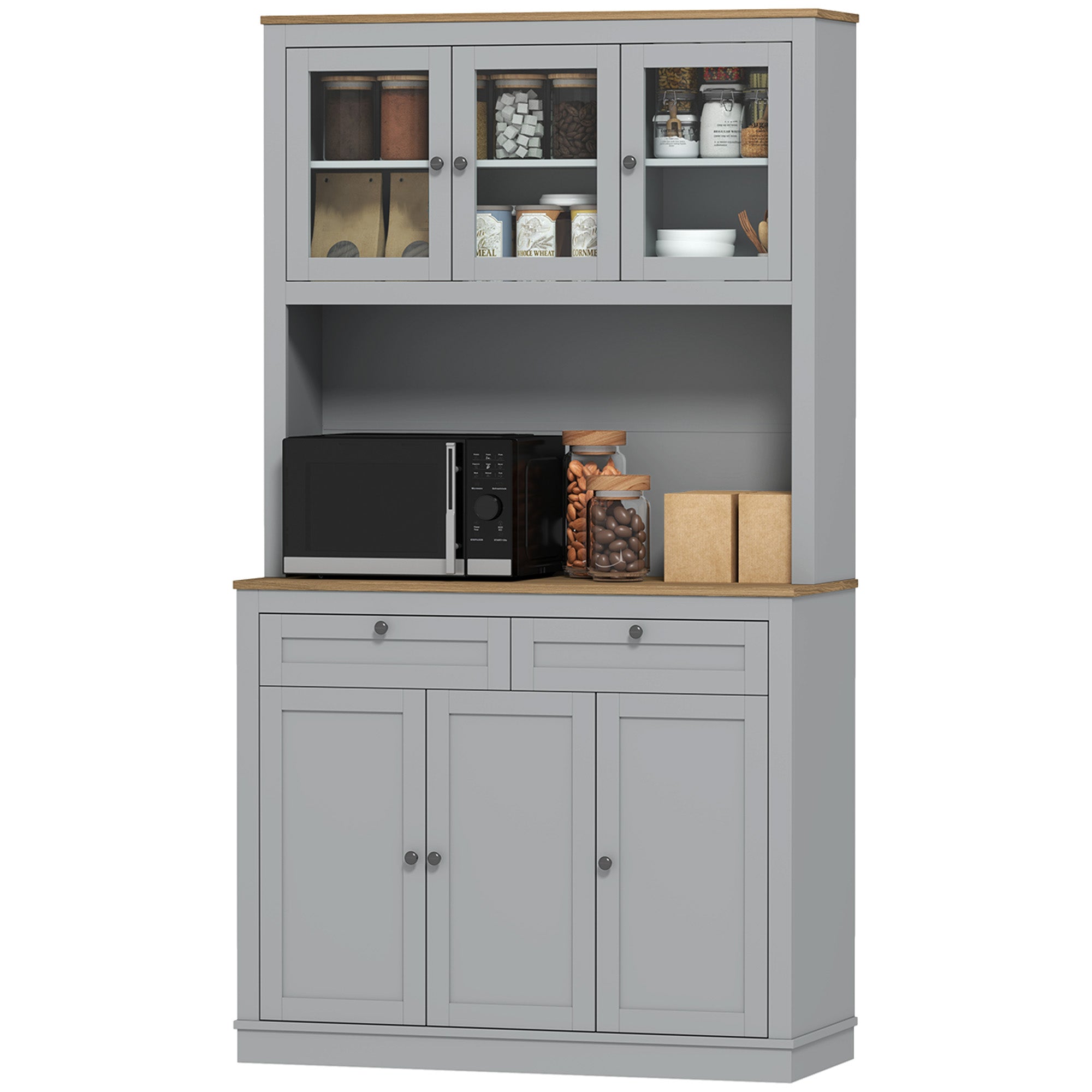 HOMCOM 71" Pantry Cabinet with Microwave Countertop, Tall Kitchen Hutch with 2 Drawers, Freestanding Storage Cabinet with Adjustable Shelves, Glass and Shaker Doors, Grey