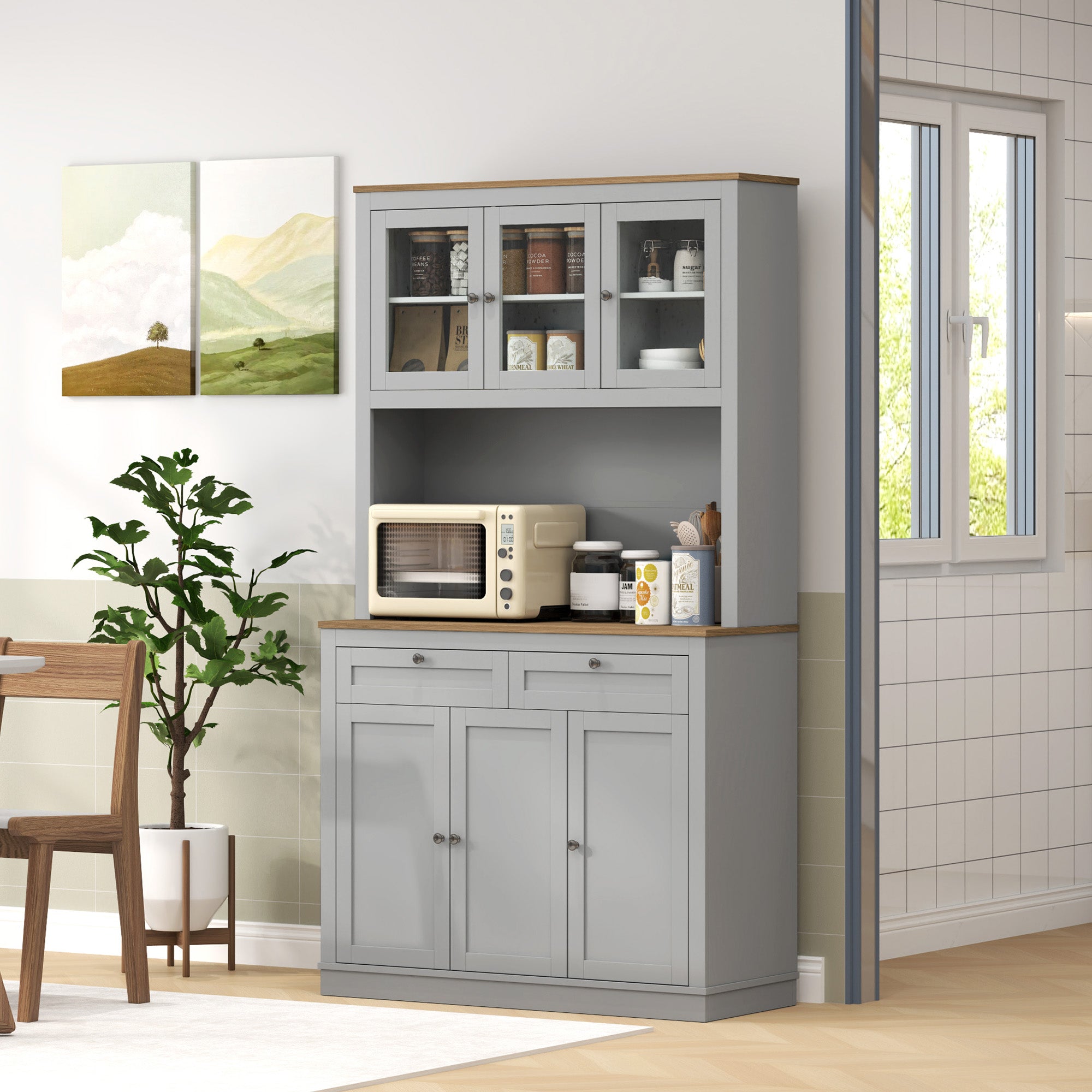 HOMCOM 71" Pantry Cabinet with Microwave Countertop, Tall Kitchen Hutch with 2 Drawers, Freestanding Storage Cabinet with Adjustable Shelves, Glass and Shaker Doors, Grey