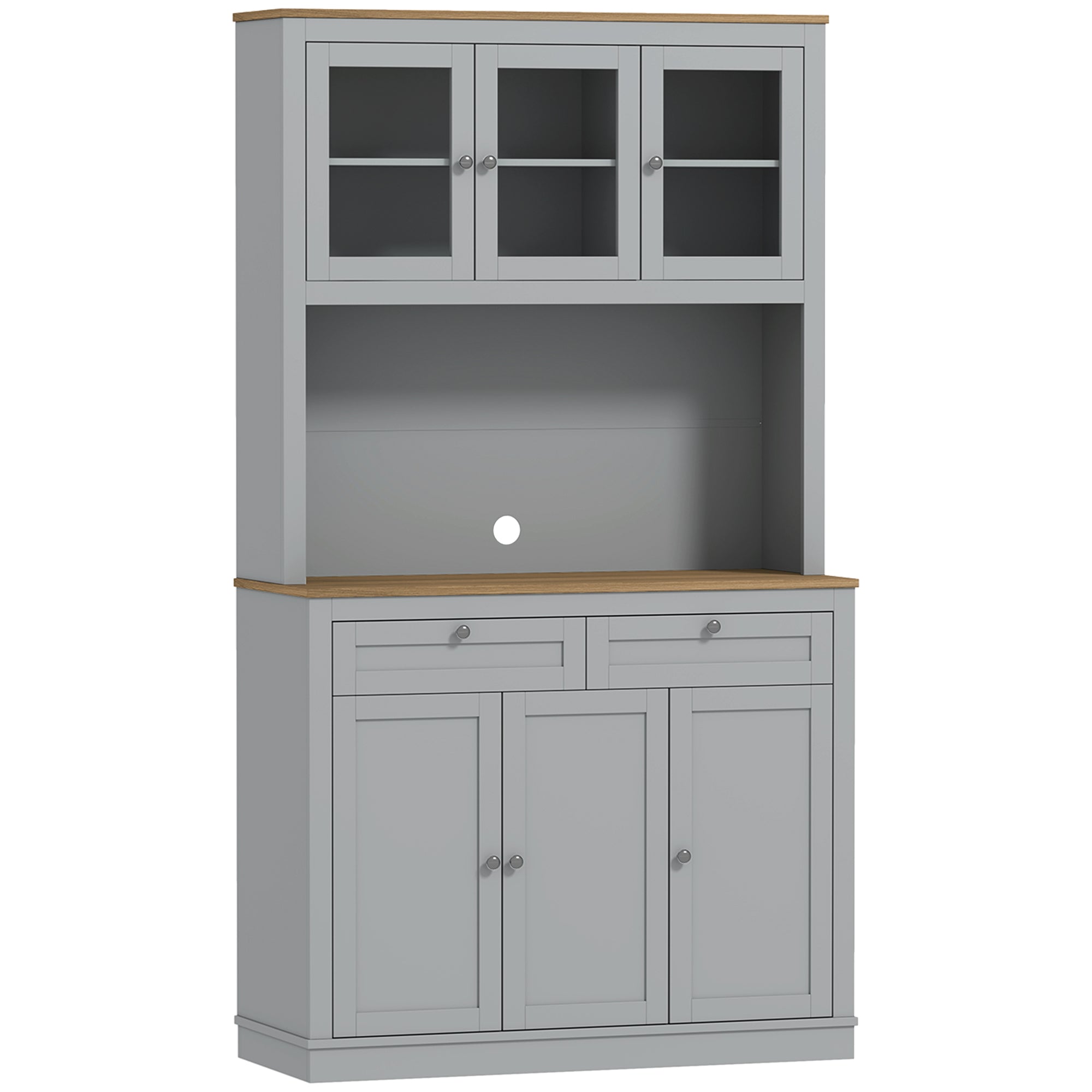 HOMCOM 71" Pantry Cabinet with Microwave Countertop, Tall Kitchen Hutch with 2 Drawers, Freestanding Storage Cabinet with Adjustable Shelves, Glass and Shaker Doors, Grey