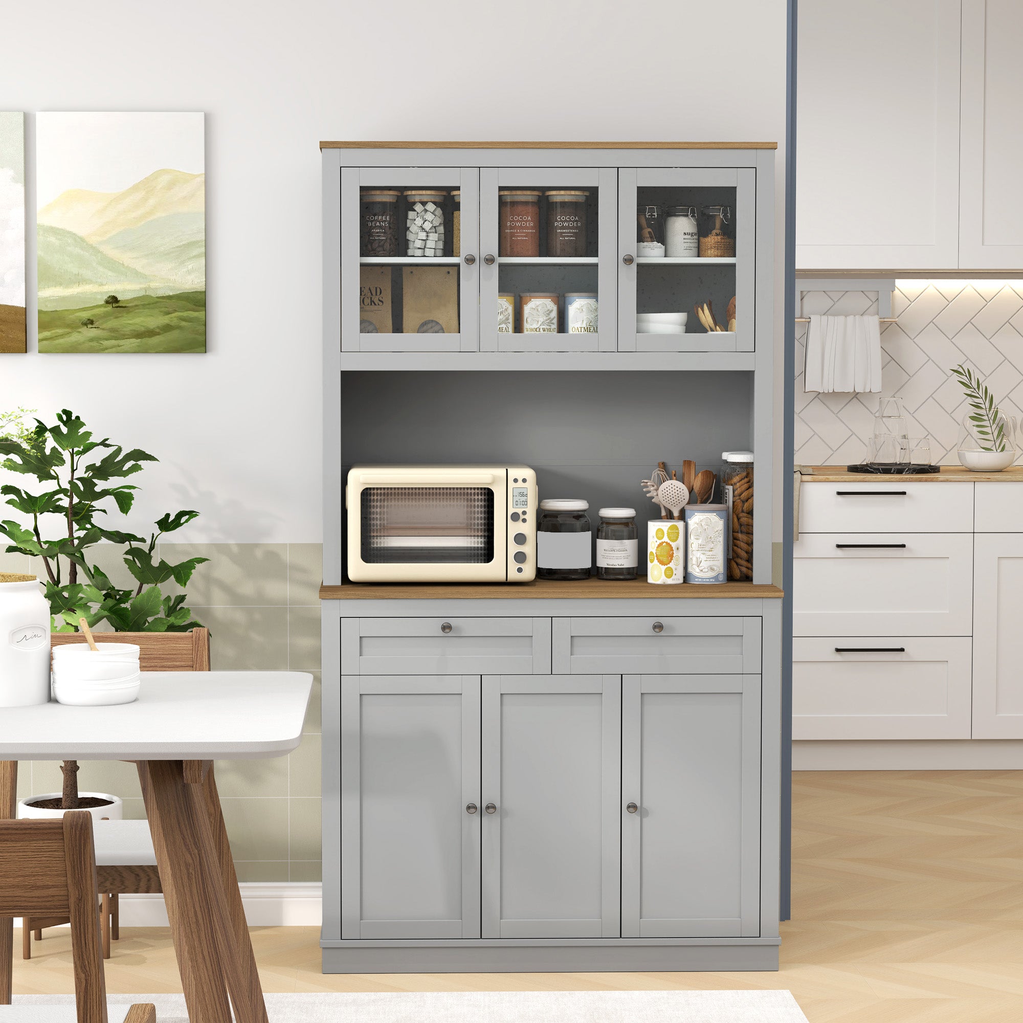 HOMCOM 71" Pantry Cabinet with Microwave Countertop, Tall Kitchen Hutch with 2 Drawers, Freestanding Storage Cabinet with Adjustable Shelves, Glass and Shaker Doors, Grey