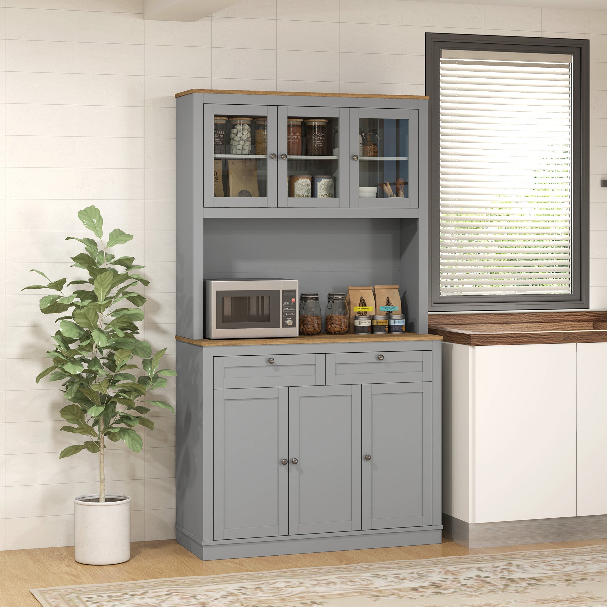 HOMCOM 71" Pantry Cabinet with Microwave Countertop, Tall Kitchen Hutch with 2 Drawers, Freestanding Storage Cabinet with Adjustable Shelves, Glass and Shaker Doors, Grey