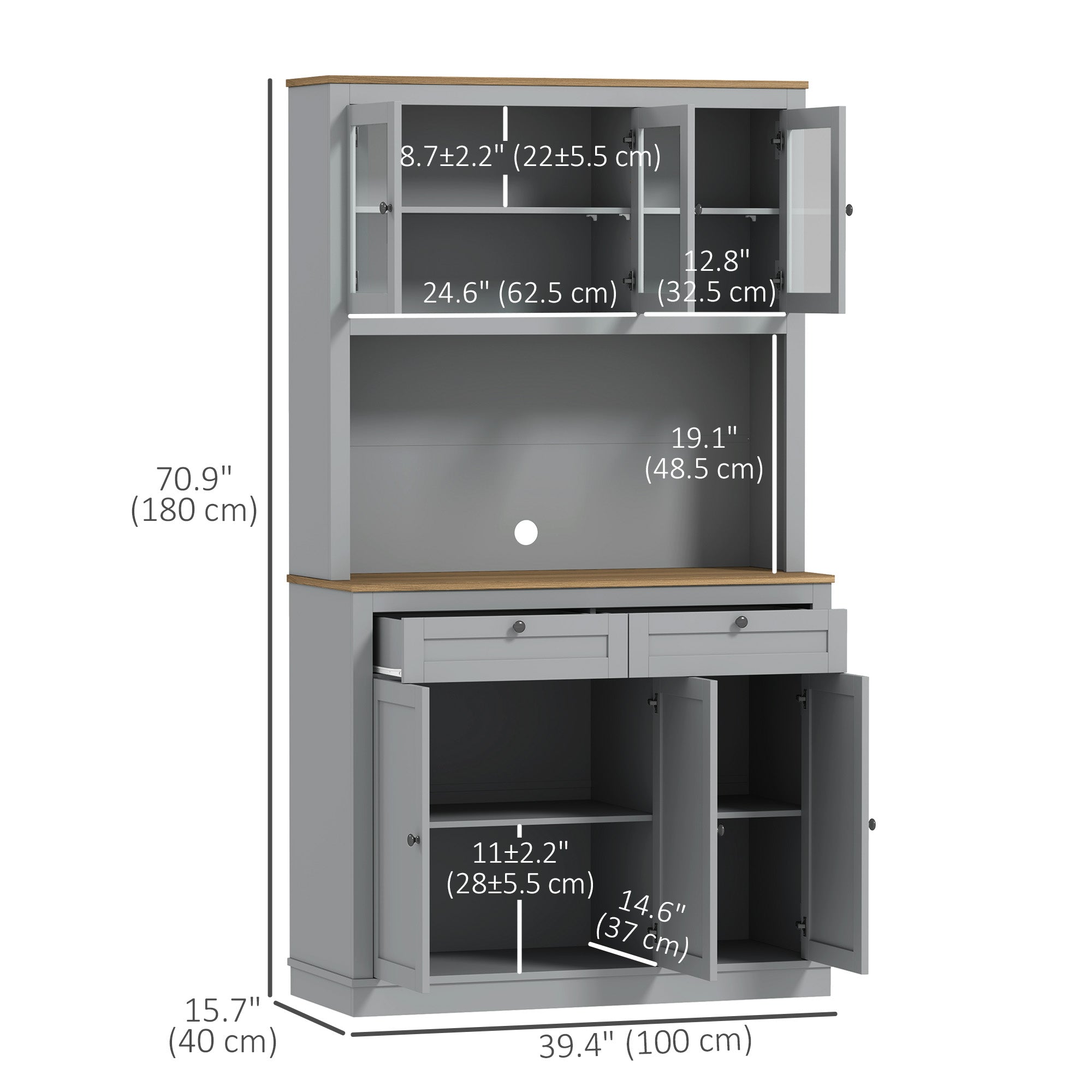 HOMCOM 71" Pantry Cabinet with Microwave Countertop, Tall Kitchen Hutch with 2 Drawers, Freestanding Storage Cabinet with Adjustable Shelves, Glass and Shaker Doors, Grey