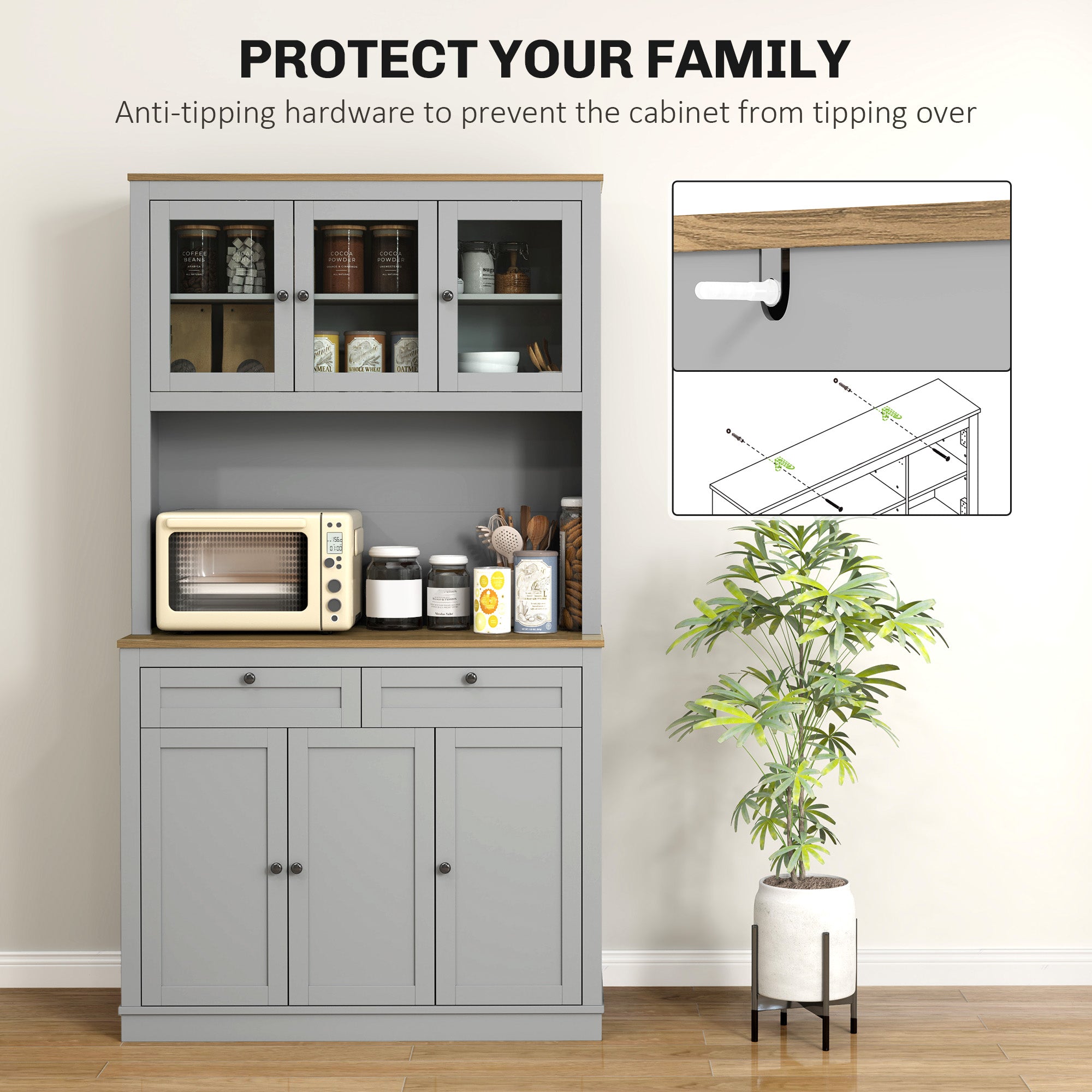HOMCOM 71" Pantry Cabinet with Microwave Countertop, Tall Kitchen Hutch with 2 Drawers, Freestanding Storage Cabinet with Adjustable Shelves, Glass and Shaker Doors, Grey
