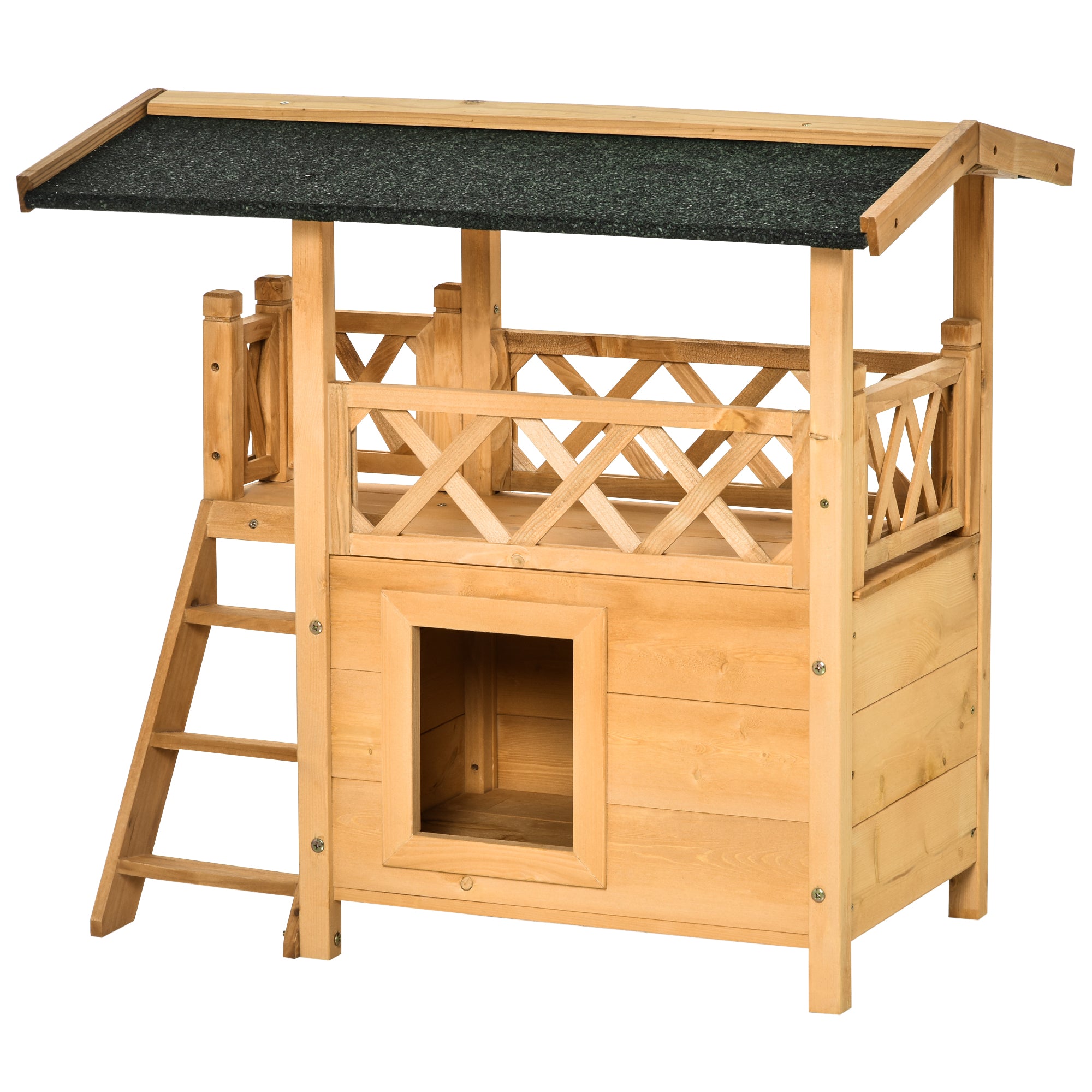 PawHut Wooden Cat House, 2-Floor Feral Cat Shelter, Kitten Condo Outdoor with Balcony, Stairs, Asphalt Roof, Natural