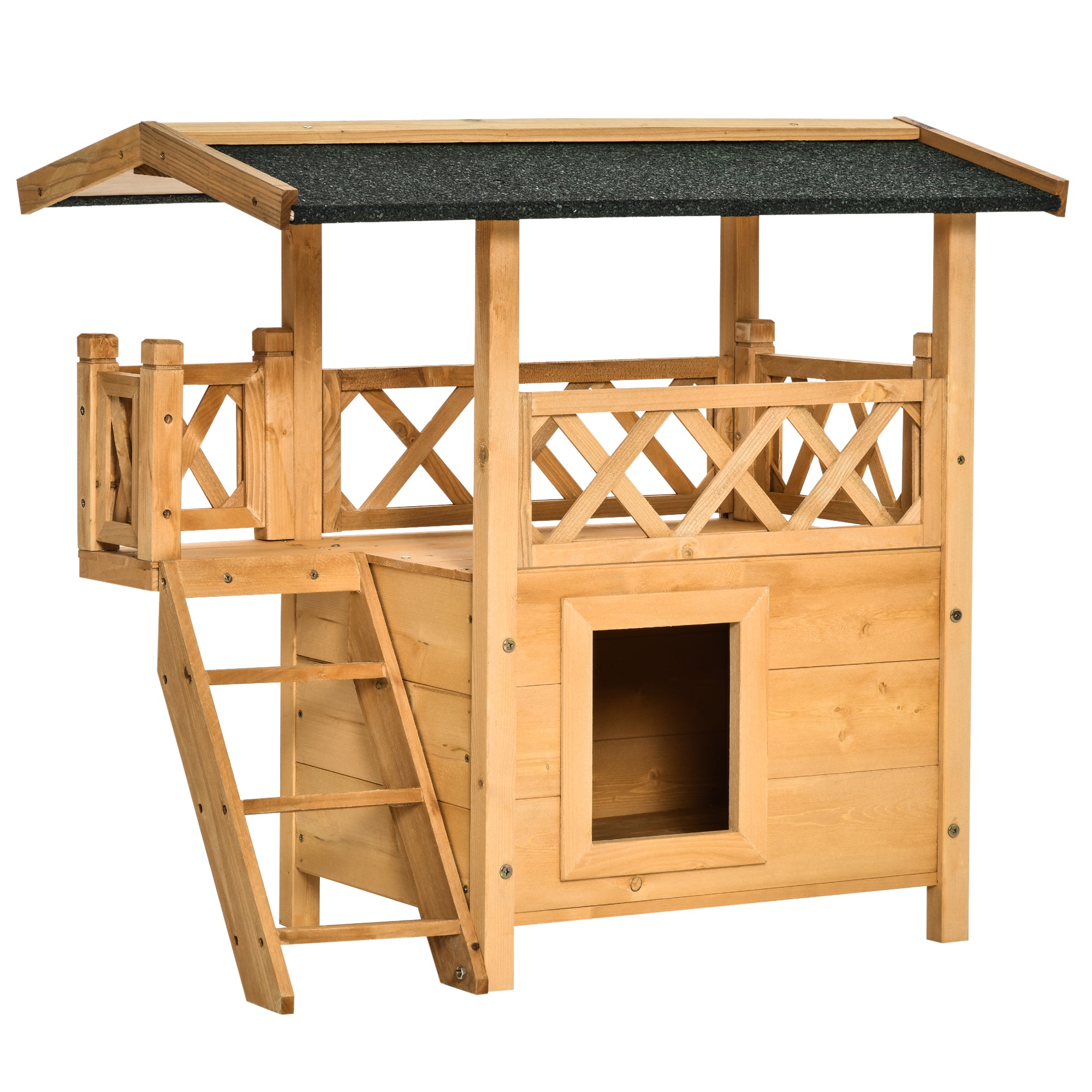 PawHut Wooden Cat House Outdoor Luxury Room Weatherproof Shelter with Balcony and Stair Puppy Garden Large Kennel Natural Wood