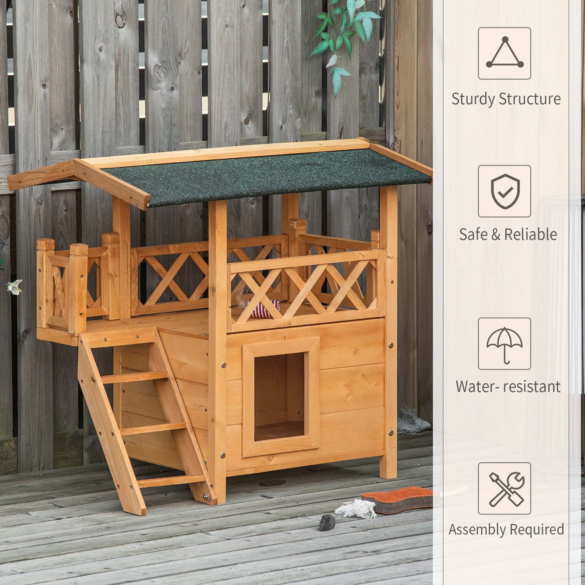 PawHut Wooden Cat House Outdoor Luxury Room Weatherproof Shelter with Balcony and Stair Puppy Garden Large Kennel Natural Wood