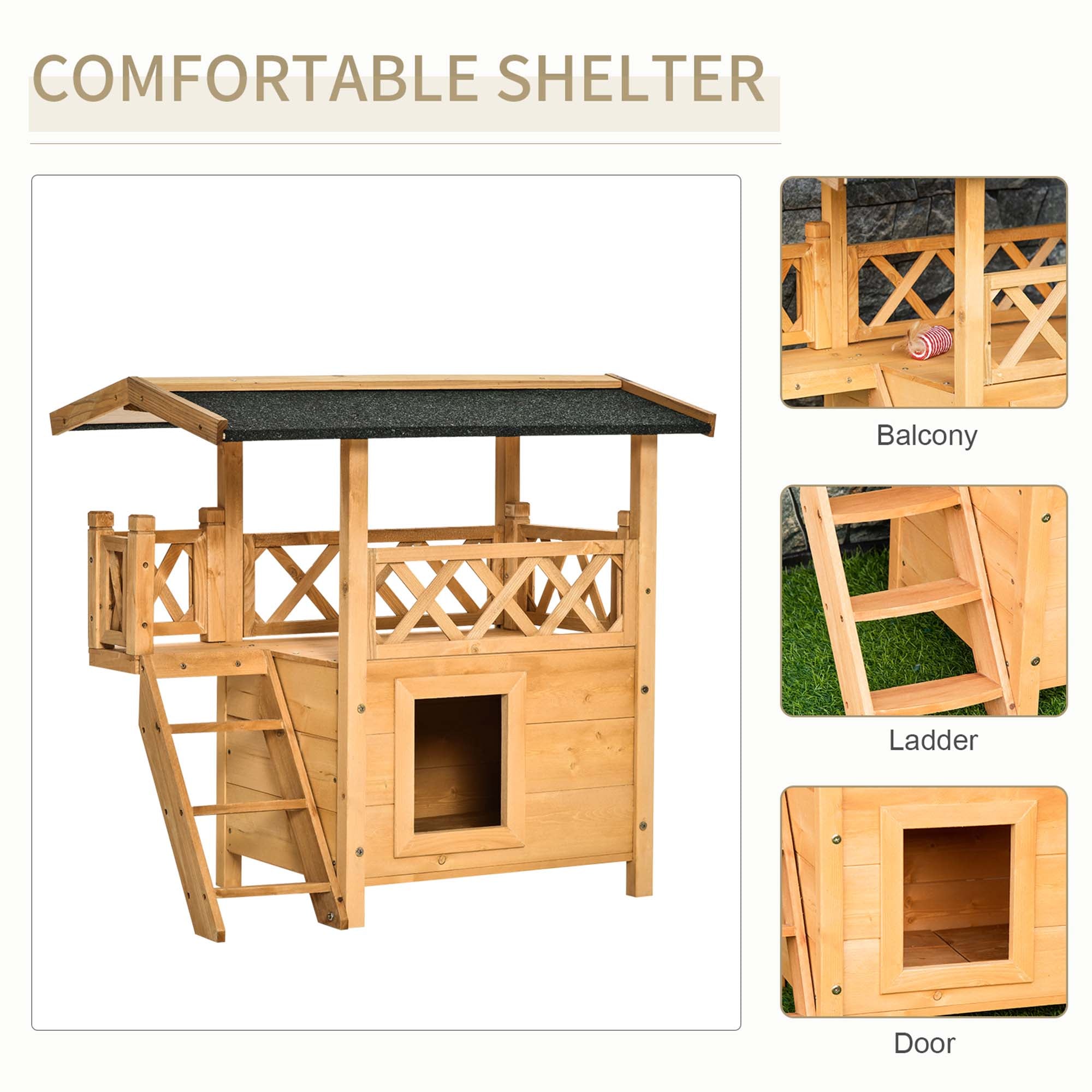PawHut Wooden Cat House Outdoor Luxury Room Weatherproof Shelter with Balcony and Stair Puppy Garden Large Kennel Natural Wood