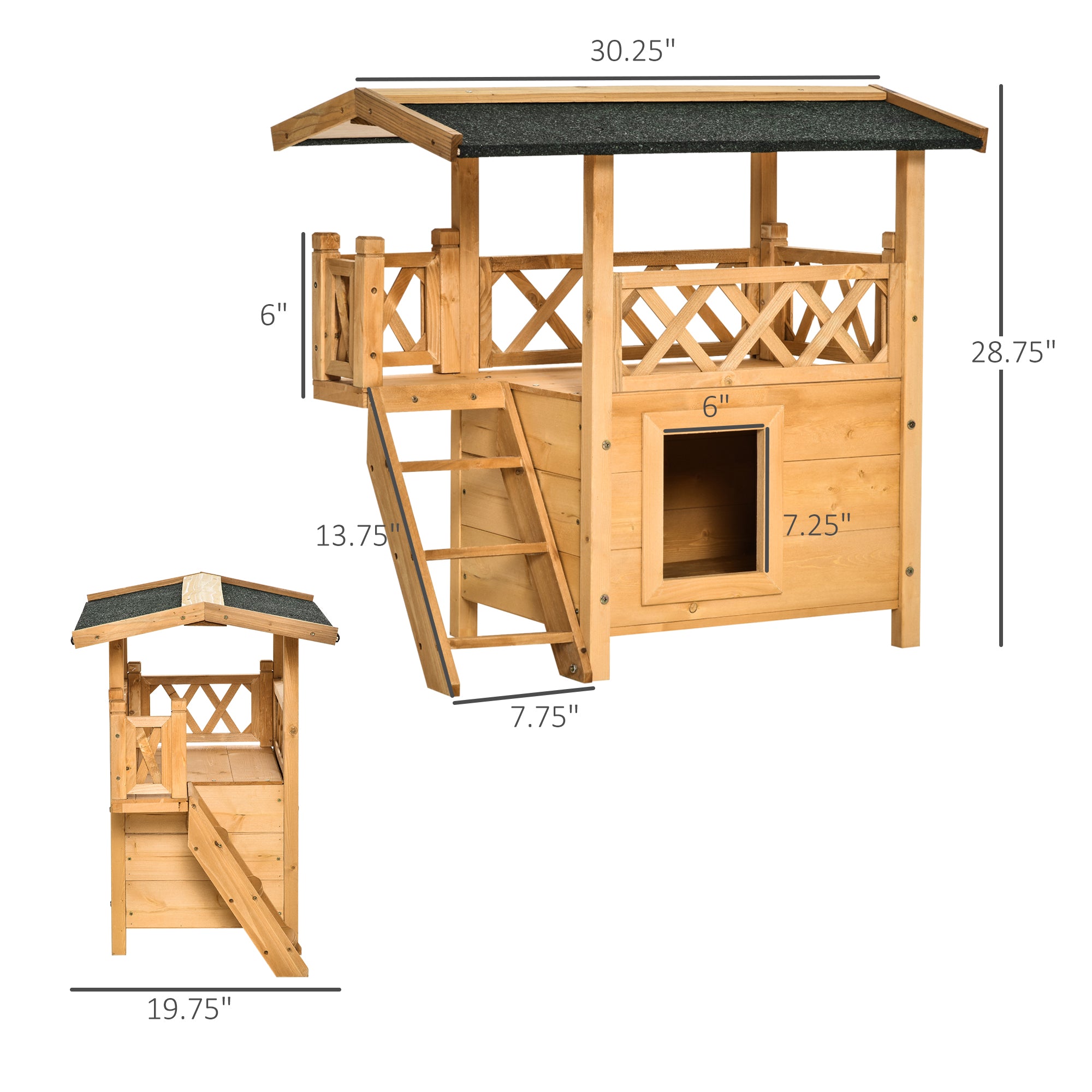 PawHut Wooden Cat House, 2-Floor Feral Cat Shelter, Kitten Condo Outdoor with Balcony, Stairs, Asphalt Roof, Natural