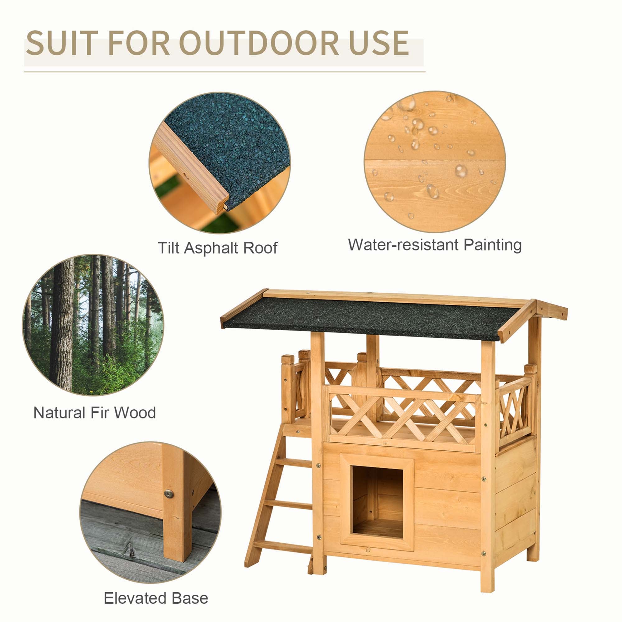 PawHut Wooden Cat House Outdoor Luxury Room Weatherproof Shelter with Balcony and Stair Puppy Garden Large Kennel Natural Wood