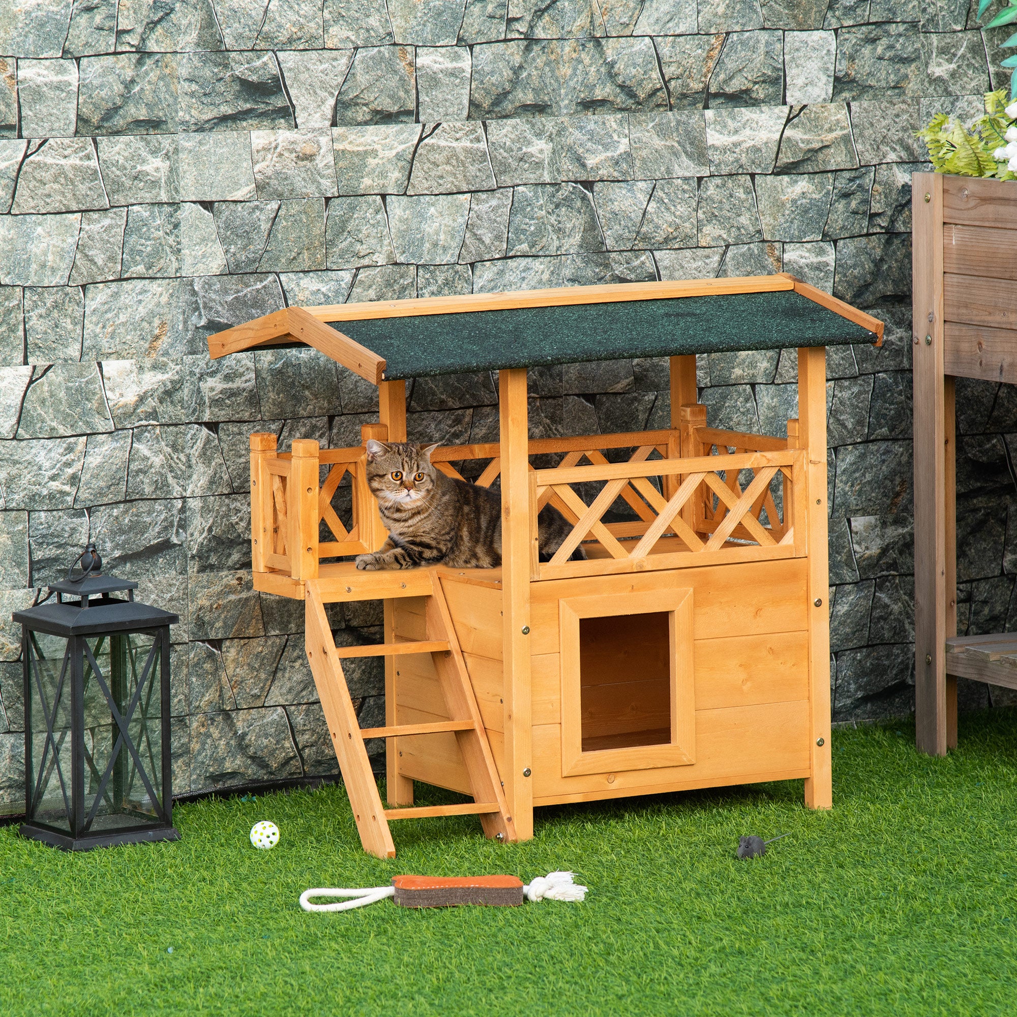 PawHut Wooden Cat House, 2-Floor Feral Cat Shelter, Kitten Condo Outdoor with Balcony, Stairs, Asphalt Roof, Natural