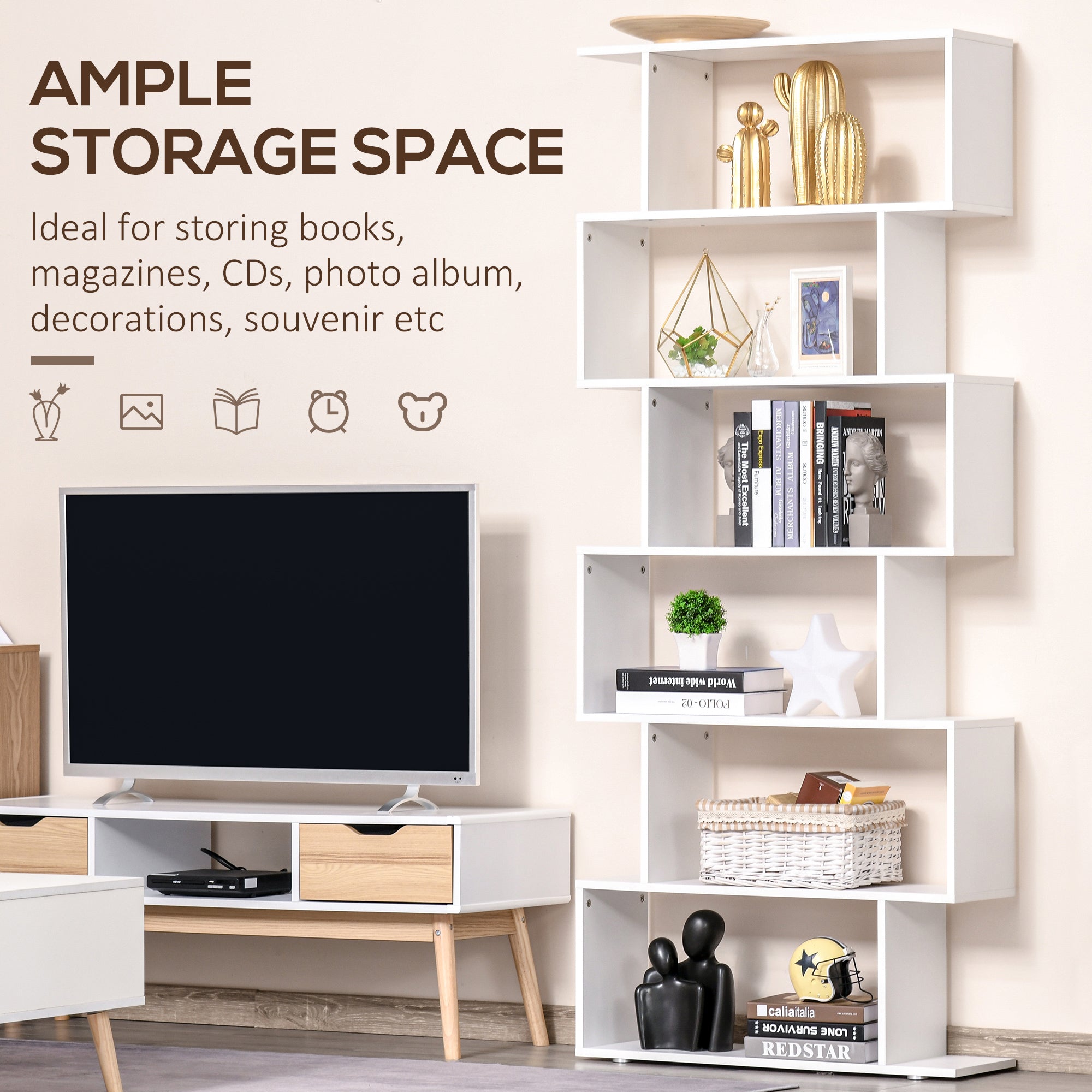 HOMCOM 6-Tiers Geometric Wooden Bookcase, Storage Display Bookshelf, S-Shaped Unit Home Divider Office Furniture, White