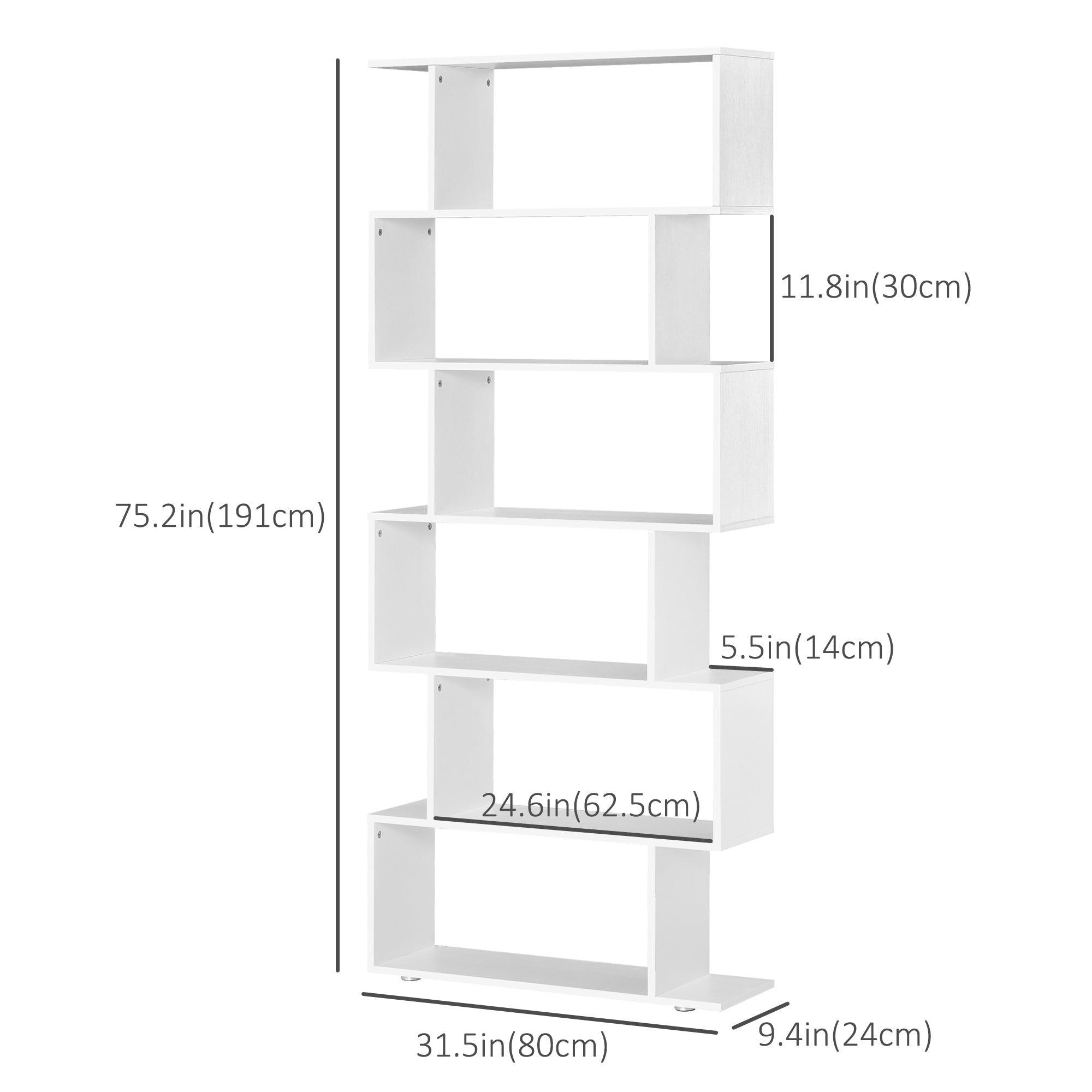 HOMCOM 6-Tiers Geometric Wooden Bookcase, Storage Display Bookshelf, S-Shaped Unit Home Divider Office Furniture, White
