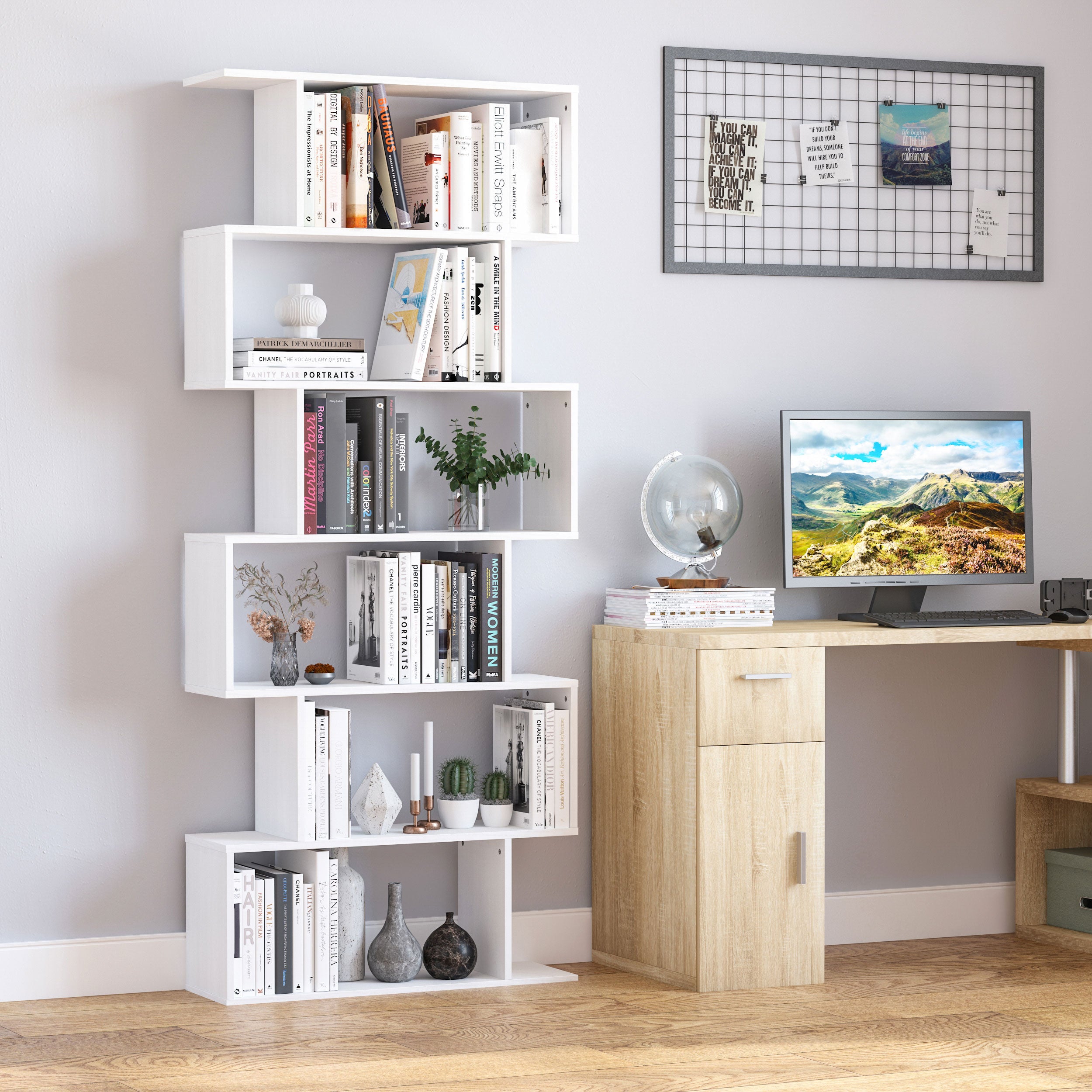 HOMCOM 6-Tiers Geometric Wooden Bookcase, Storage Display Bookshelf, S-Shaped Unit Home Divider Office Furniture, White