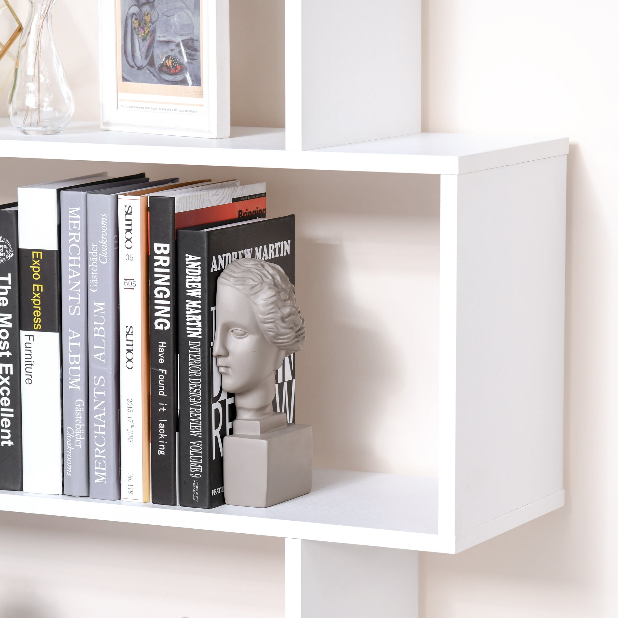 HOMCOM 6-Tiers Geometric Wooden Bookcase, Storage Display Bookshelf, S-Shaped Unit Home Divider Office Furniture, White