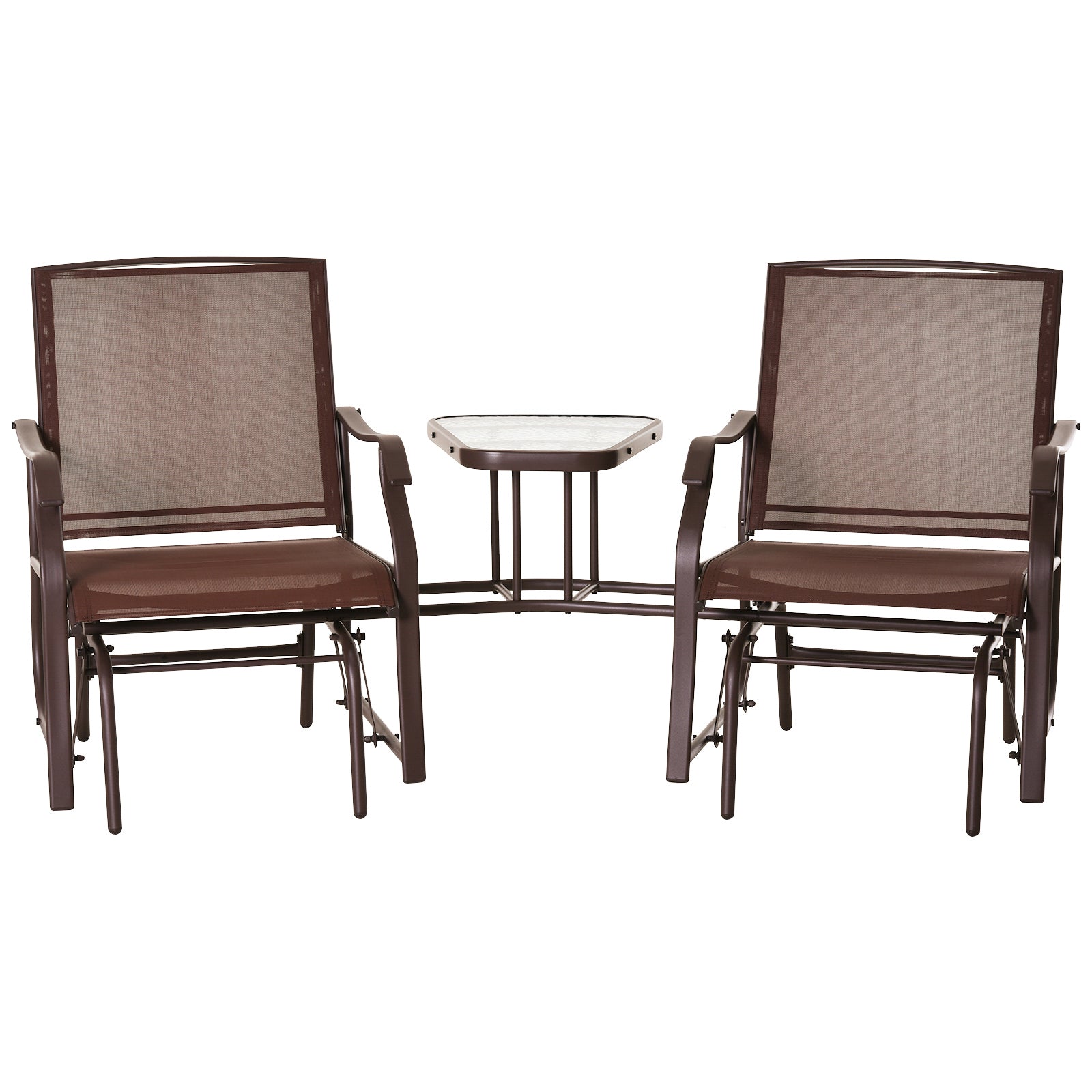 Outsunny Patio Double Glider Chair with Glass Top Center Table, Outdoor Glider Chair with High Back,  Sling Fabric for Garden, Bench, Brown