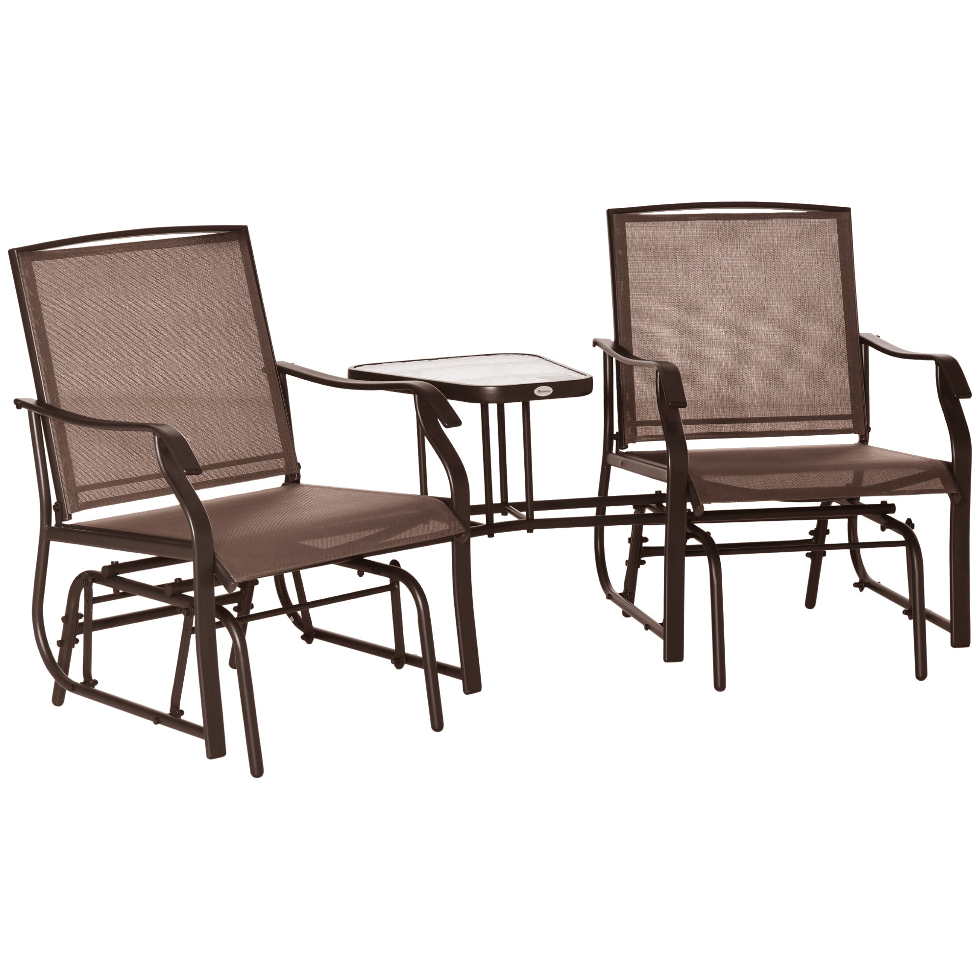 Outsunny Patio Double Glider Chair with Glass Top Center Table, Outdoor Glider Chair with High Back,  Sling Fabric for Garden, Bench, Brown