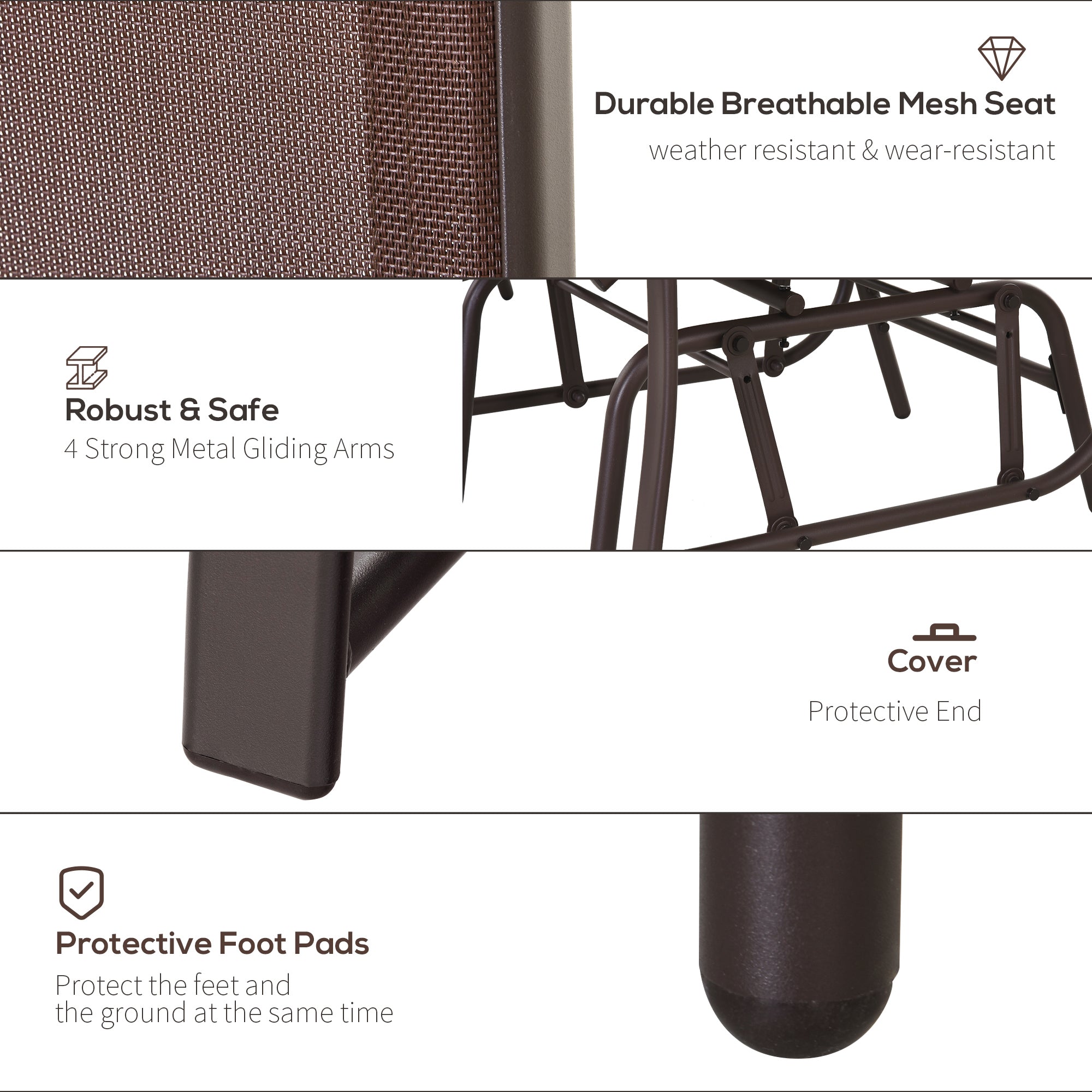 Outsunny Patio Double Glider Chair with Glass Top Center Table, Outdoor Glider Chair with High Back,  Sling Fabric for Garden, Bench, Brown