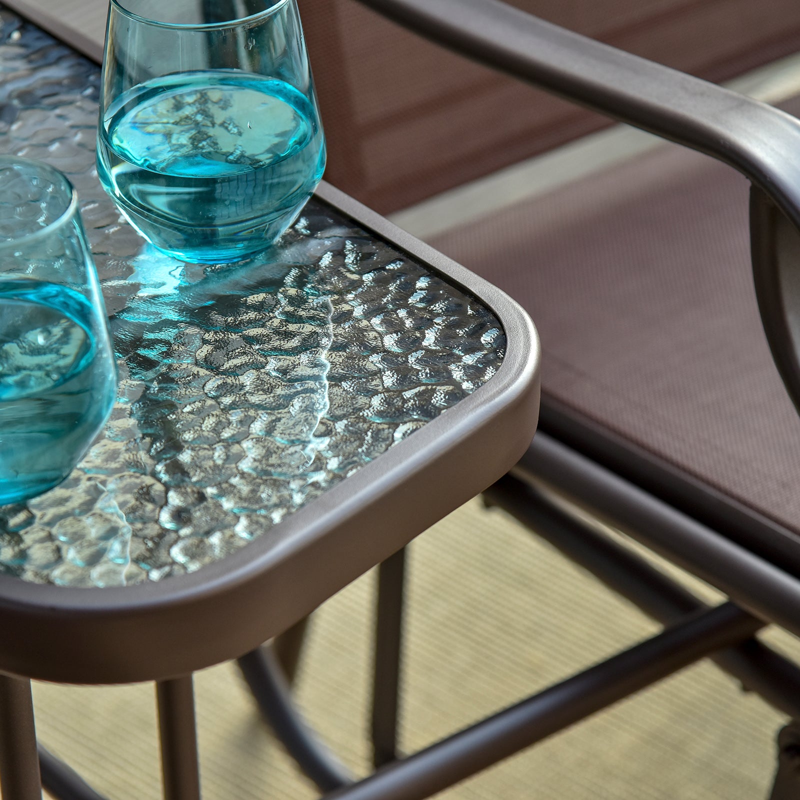 Outsunny Patio Double Glider Chair with Glass Top Center Table, Outdoor Glider Chair with High Back,  Sling Fabric for Garden, Bench, Brown