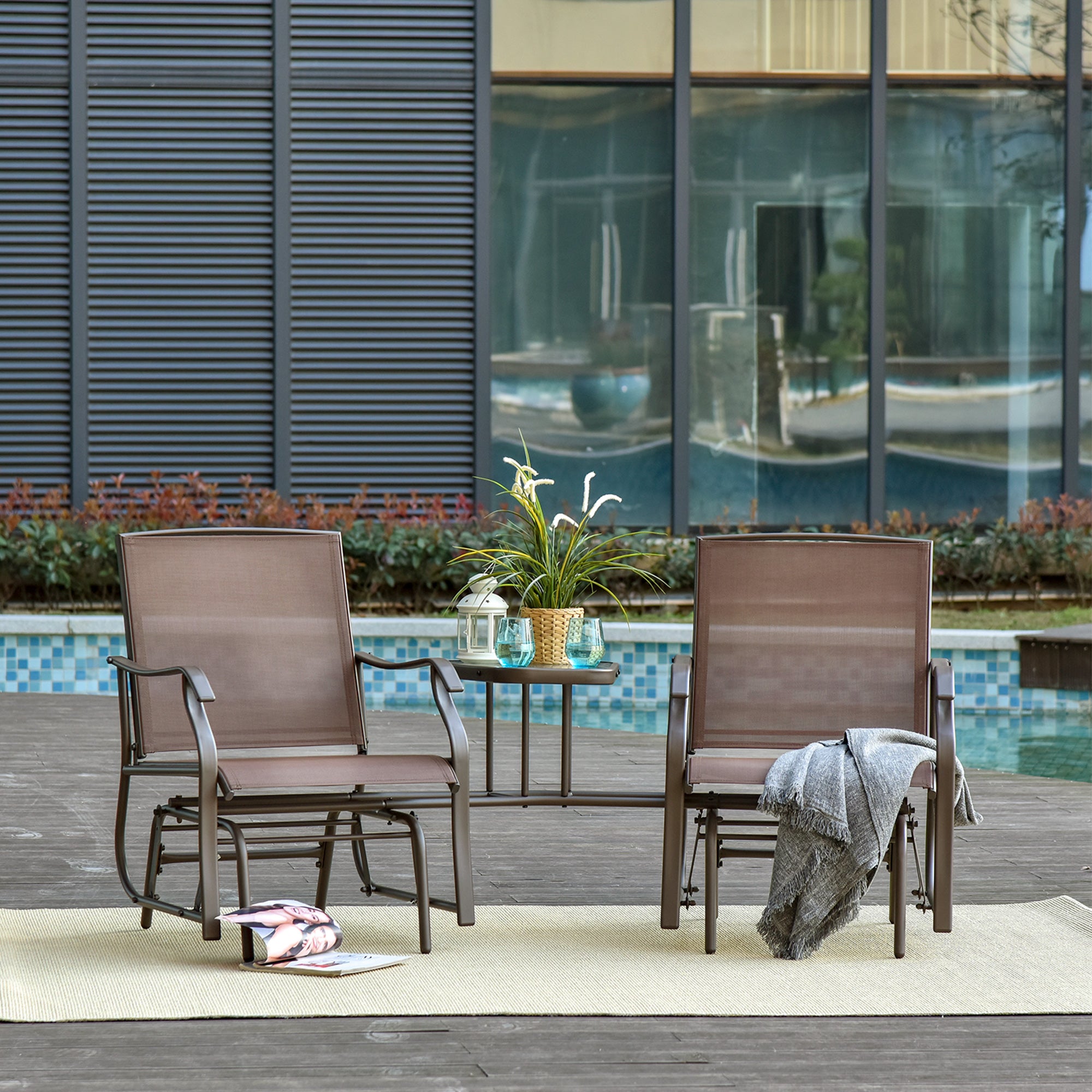 Outsunny Patio Double Glider Chair with Glass Top Center Table, Outdoor Glider Chair with High Back,  Sling Fabric for Garden, Bench, Brown