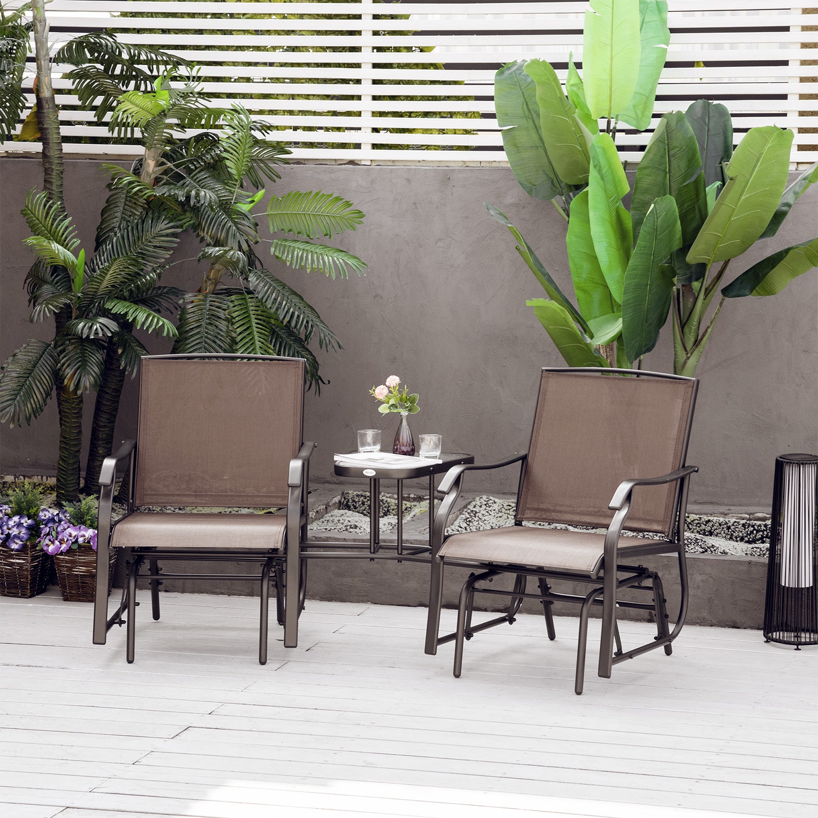 Outsunny Patio Double Glider Chair with Glass Top Center Table, Outdoor Glider Chair with High Back,  Sling Fabric for Garden, Bench, Brown