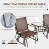 Outsunny Patio Double Glider Chair with Glass Top Center Table, Outdoor Glider Chair with High Back,  Sling Fabric for Garden, Bench, Brown