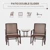Outsunny Patio Double Glider Chair with Glass Top Center Table, Outdoor Glider Chair with High Back,  Sling Fabric for Garden, Bench, Brown