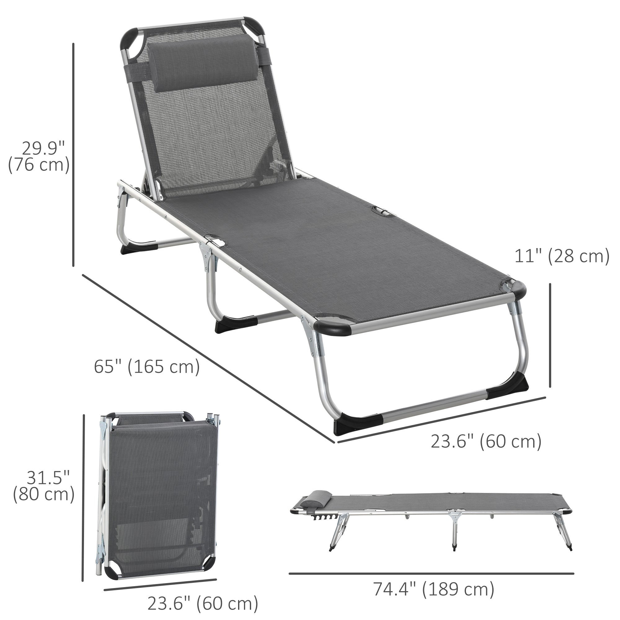 Outsunny Folding Lounge Chair, Patio Lounger with Headrest, 5-Level Adjustable Backrest, and Aluminum Frame, Grey