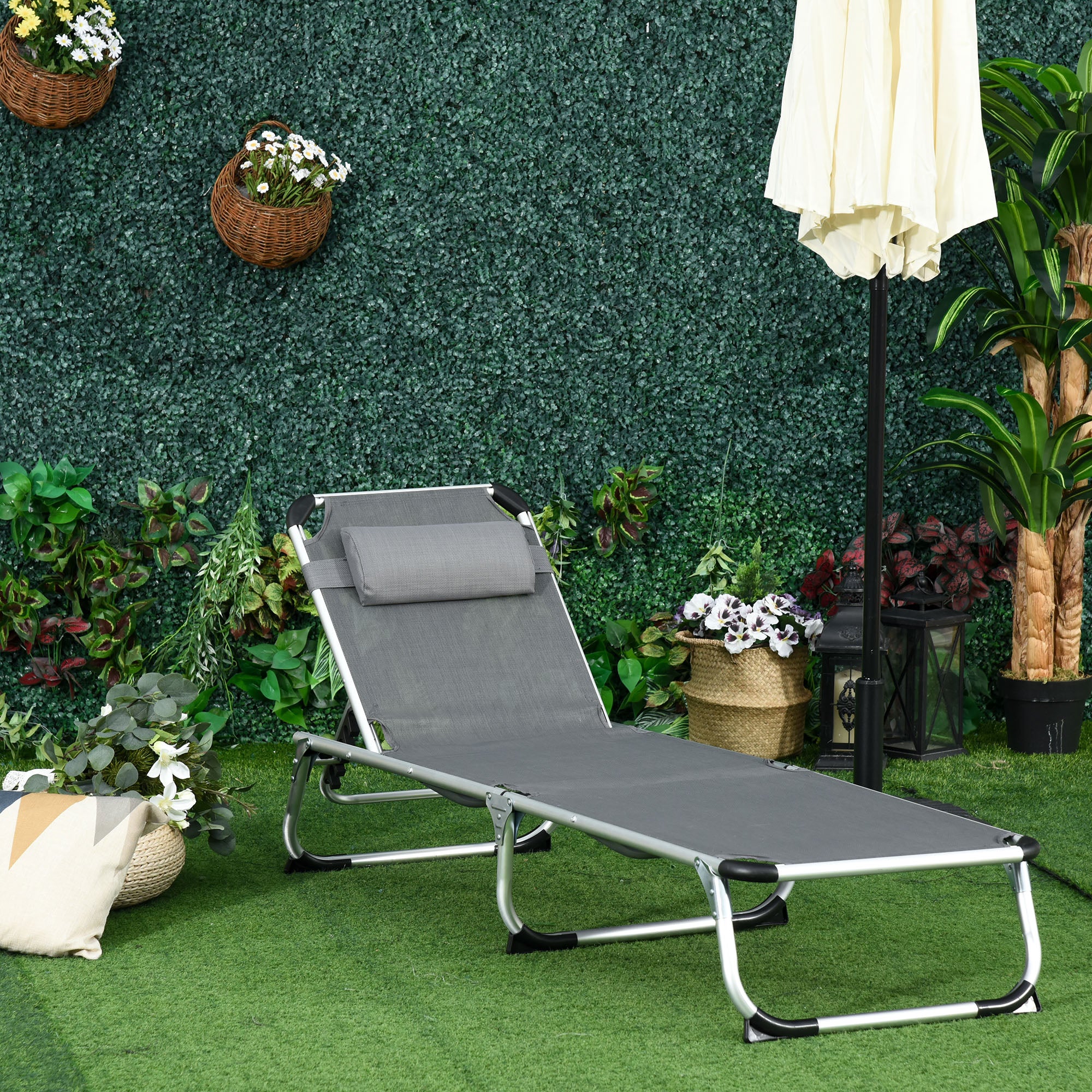 Outsunny Folding Lounge Chair, Patio Lounger with Headrest, 5-Level Adjustable Backrest, and Aluminum Frame, Grey