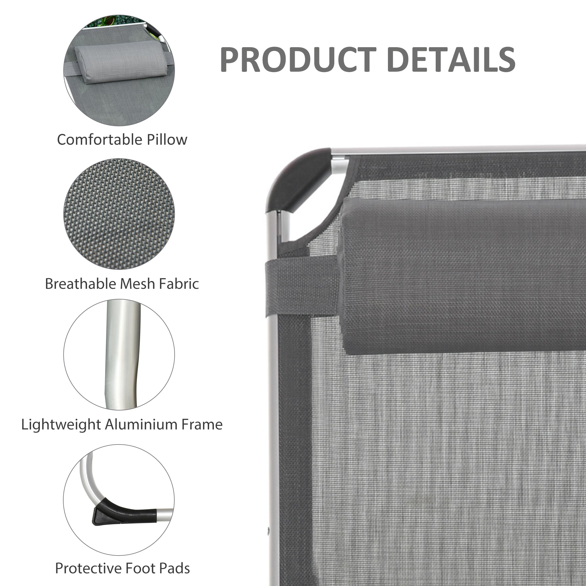Outsunny Folding Lounge Chair, Patio Lounger with Headrest, 5-Level Adjustable Backrest, and Aluminum Frame, Grey