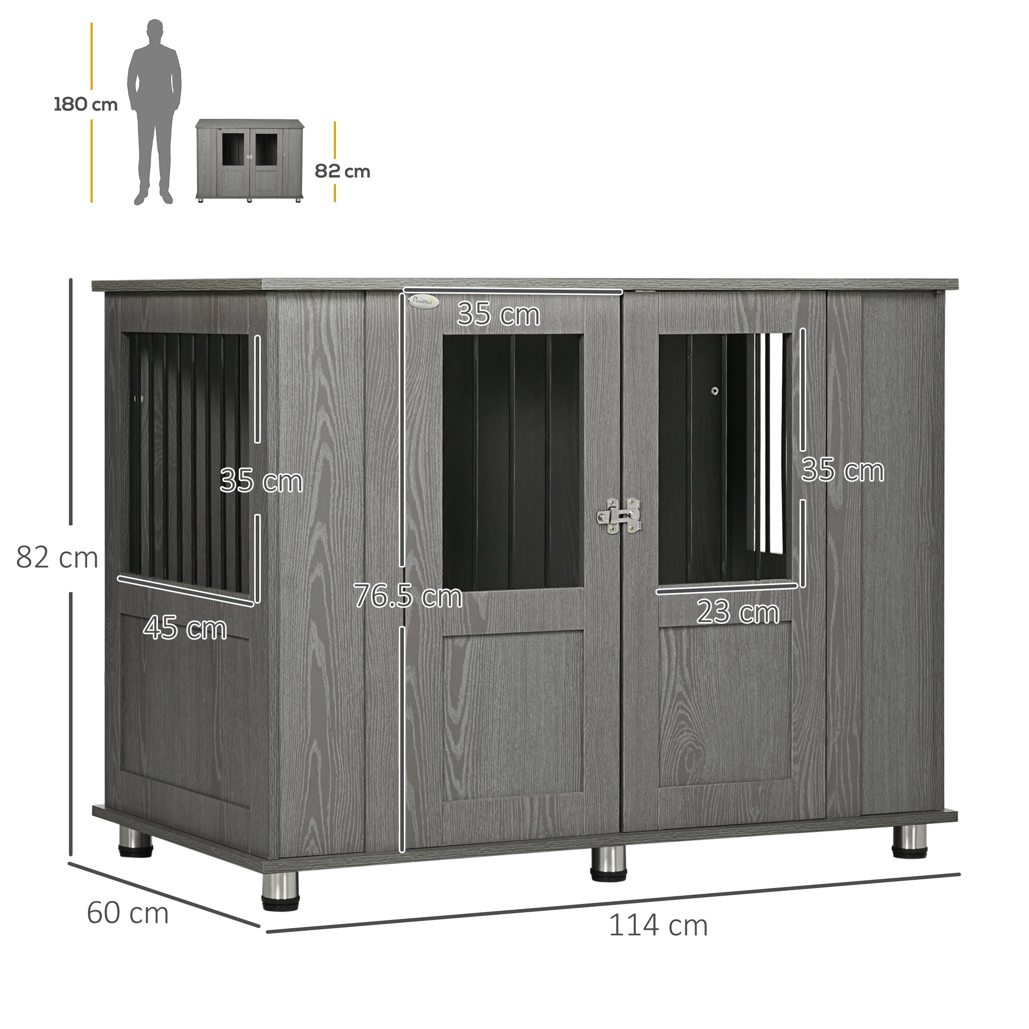 PawHut Dog Crate Furniture End Table, Pet Kennel for Extra Large Dogs with Magnetic Door Indoor Animal Cage, Grey, 114 x 60 x 82 cm