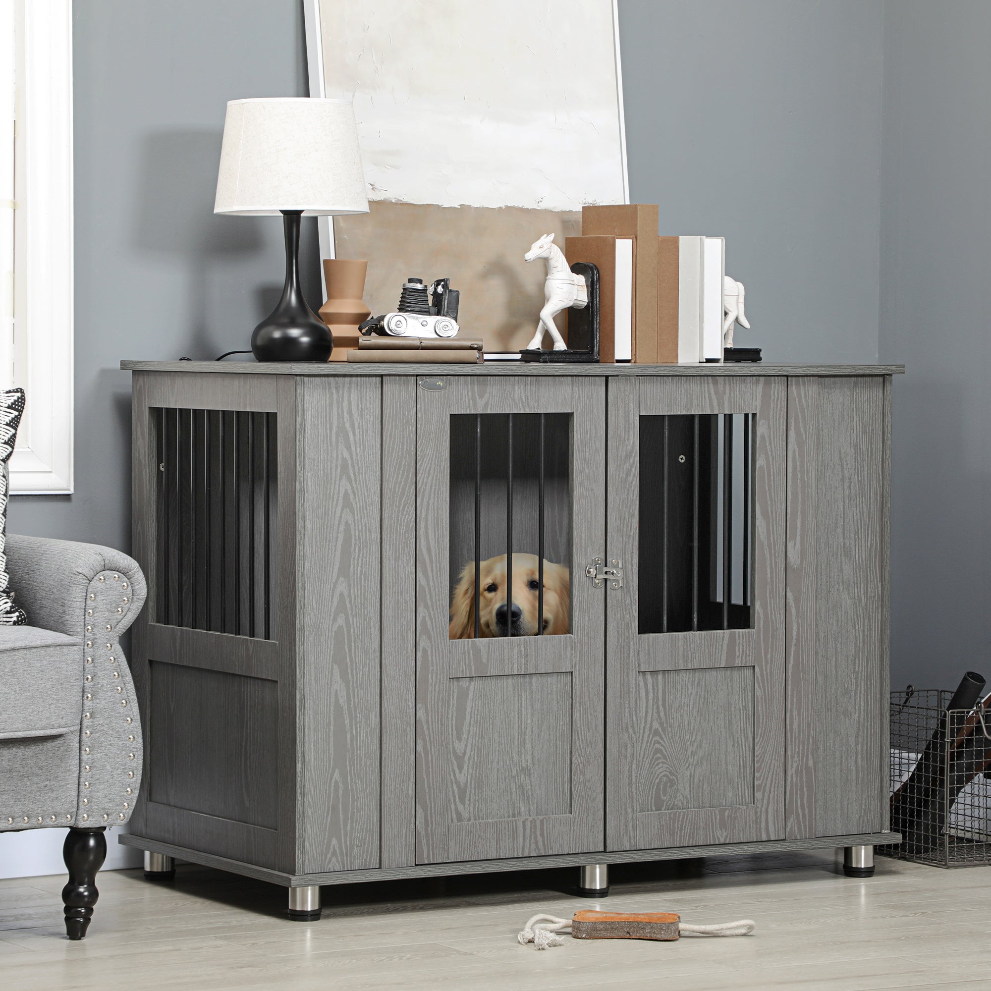 PawHut Dog Crate Furniture with Lockable Magnetic Door, Adjustable feet, Indoor Dog Kennel End Table for Extra Large, Medium & Small Dogs, Grey
