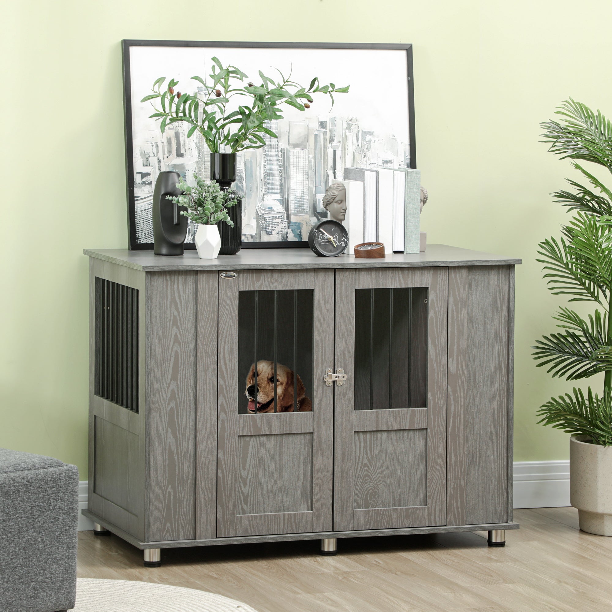PawHut Dog Crate Furniture with Lockable Magnetic Door, Adjustable feet, Indoor Dog Kennel End Table for Extra Large, Medium & Small Dogs, Grey