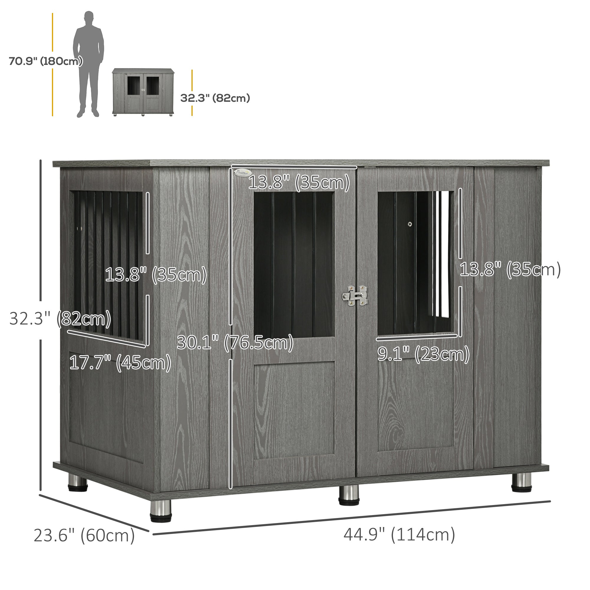 PawHut Dog Crate Furniture with Lockable Magnetic Door, Adjustable feet, Indoor Dog Kennel End Table for Extra Large, Medium & Small Dogs, Grey