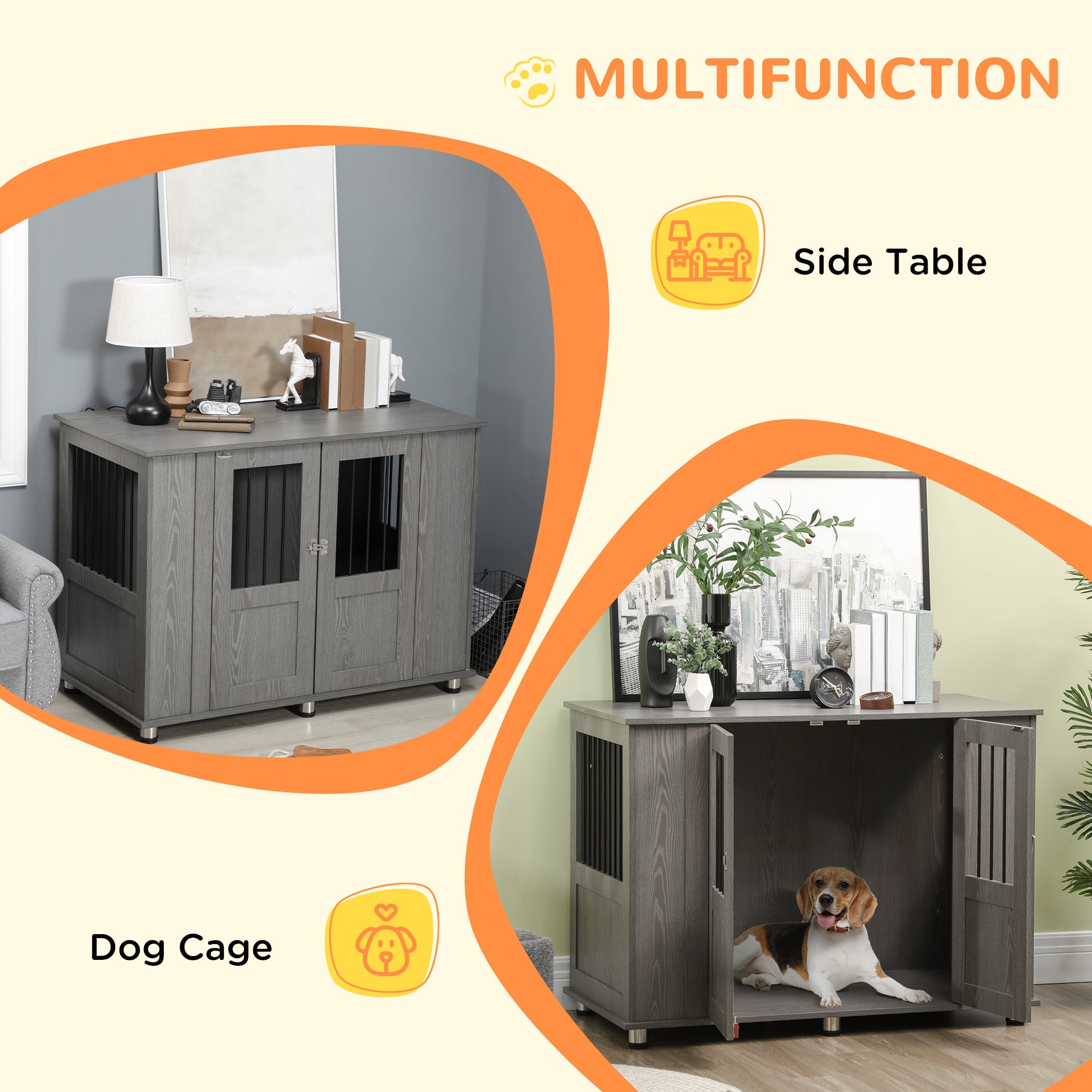 PawHut Dog Crate Furniture with Lockable Magnetic Door, Adjustable feet, Indoor Dog Kennel End Table for Extra Large, Medium & Small Dogs, Grey