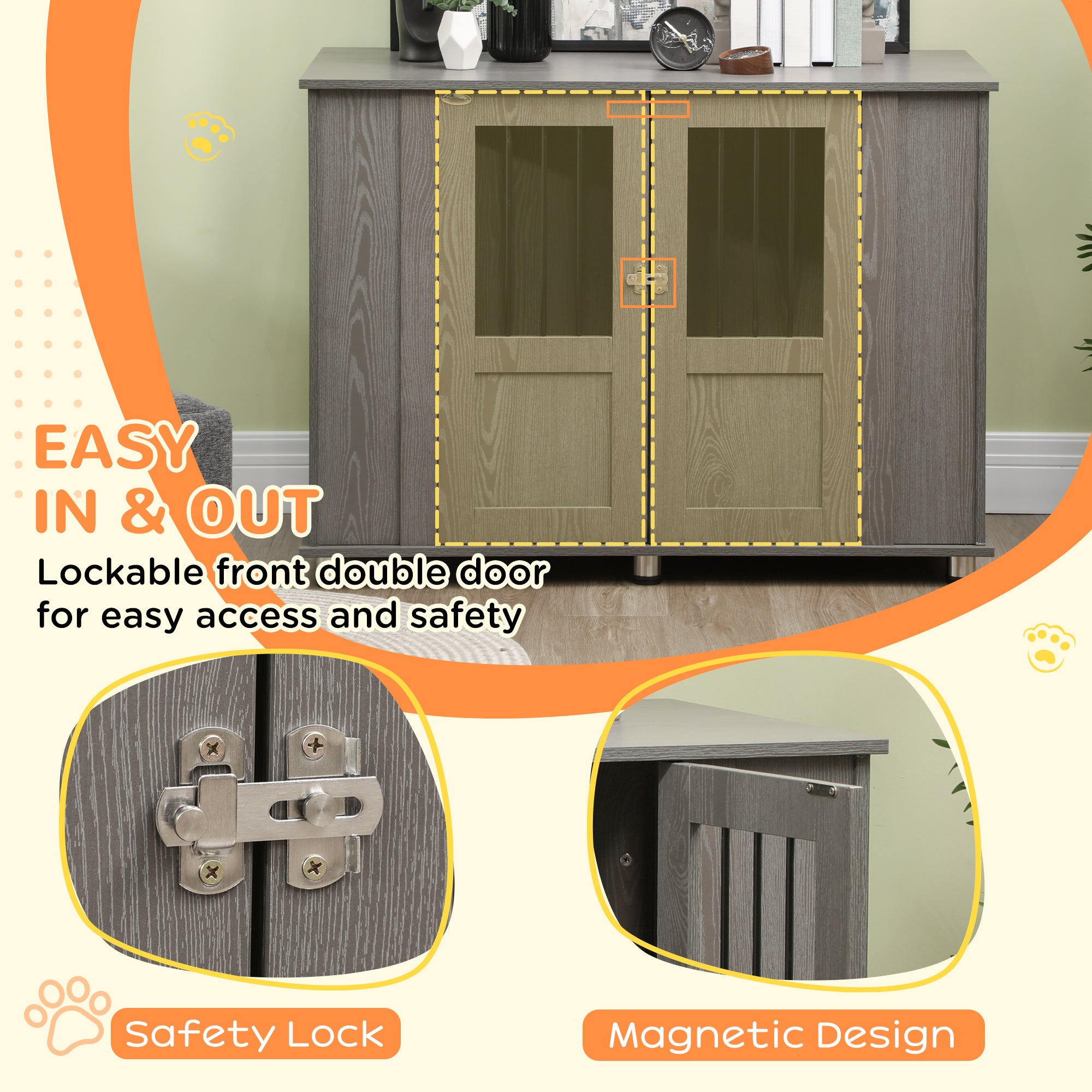 PawHut Dog Crate Furniture with Lockable Magnetic Door, Adjustable feet, Indoor Dog Kennel End Table for Extra Large, Medium & Small Dogs, Grey