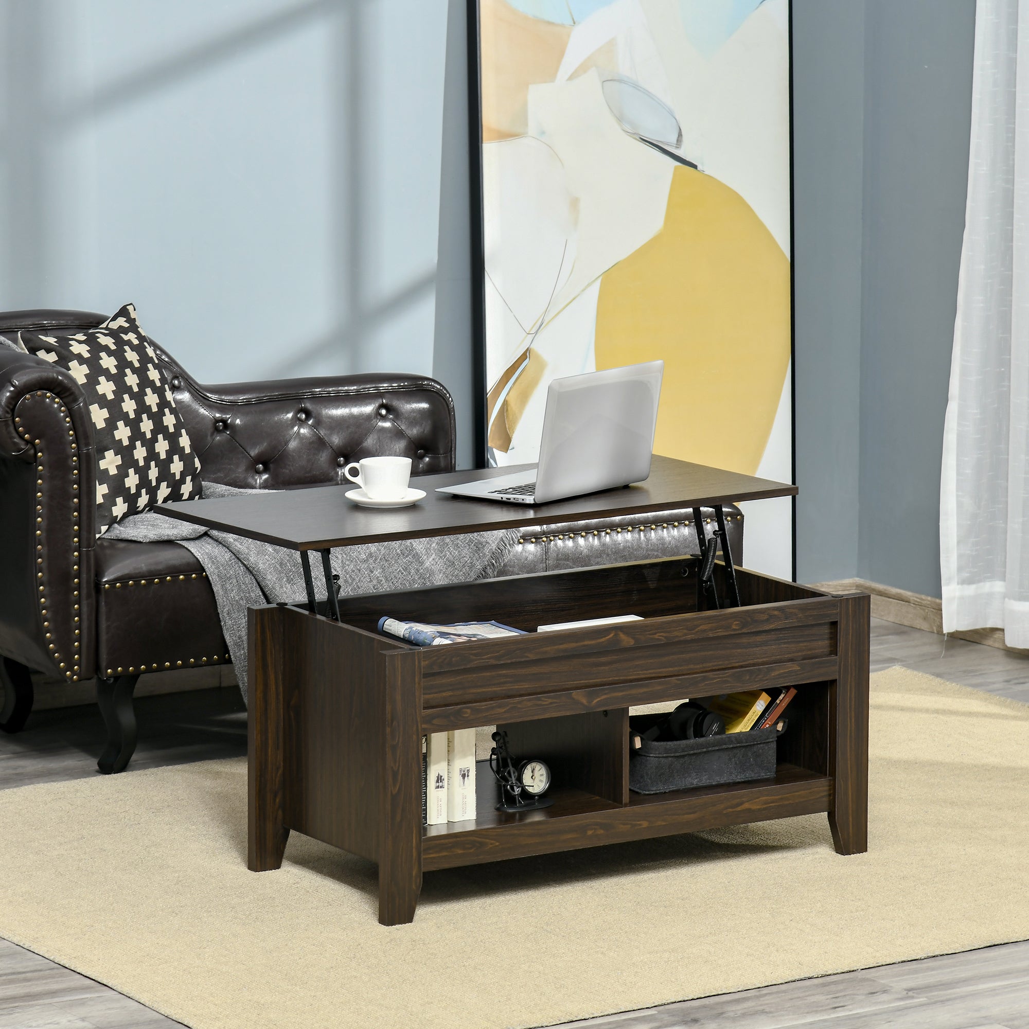 HOMCOM Lift Top Coffee Table with Hidden Storage Compartment and Open Shelves, Lift Tabletop Pop-Up Center Table for Living Room, Dark Walnut