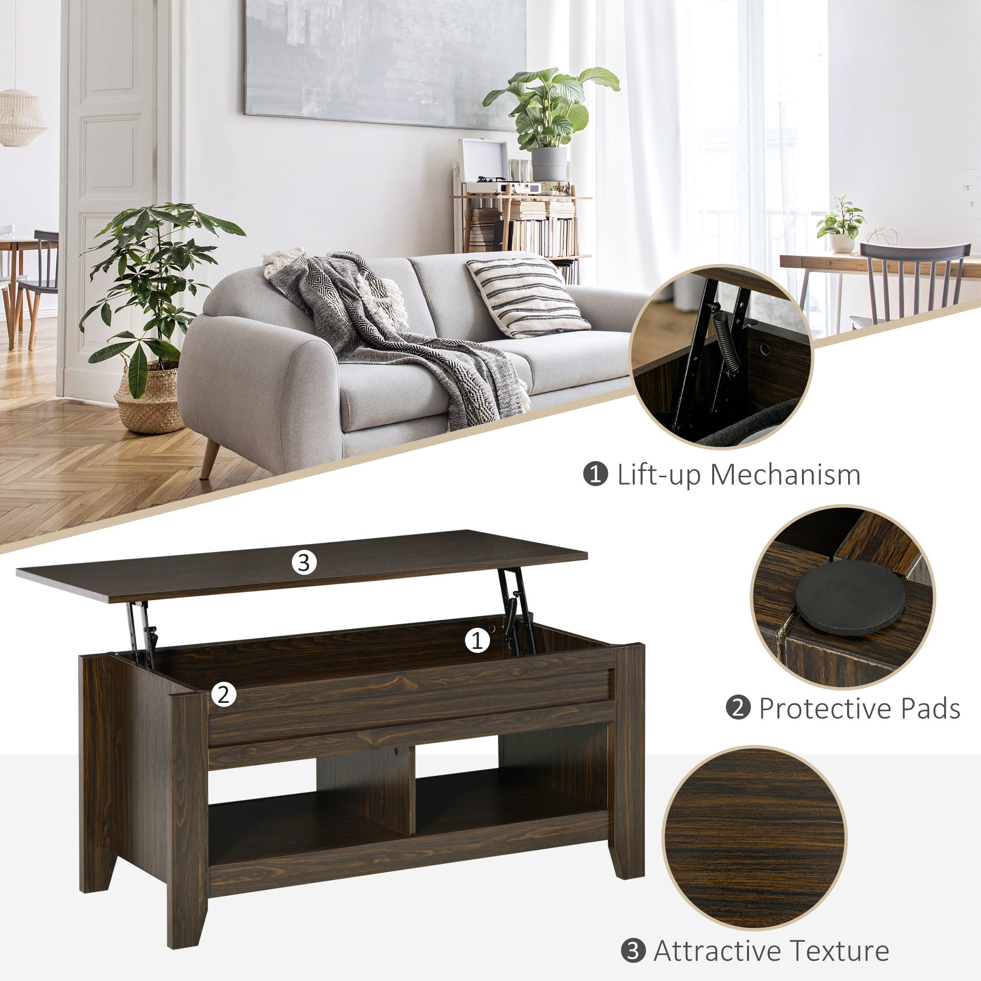 HOMCOM Lift Top Coffee Table with Hidden Storage Compartment and Open Shelves, Lift Tabletop Pop-Up Center Table for Living Room, Dark Walnut