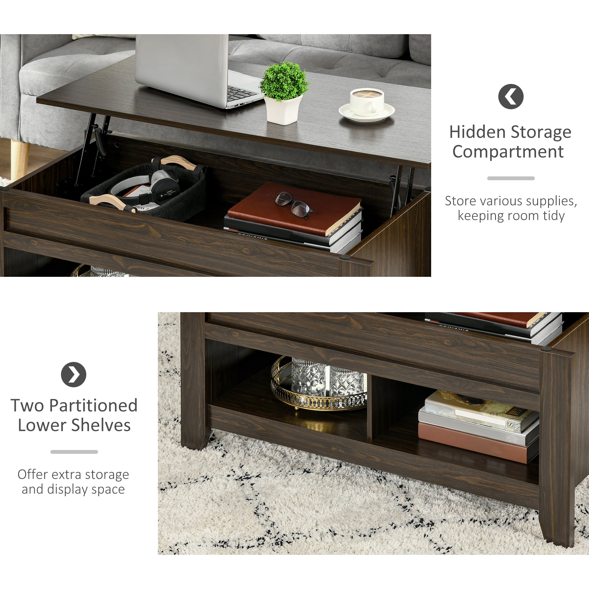 HOMCOM Lift Top Coffee Table with Hidden Storage Compartment and Open Shelves, Lift Tabletop Pop-Up Center Table for Living Room, Dark Walnut