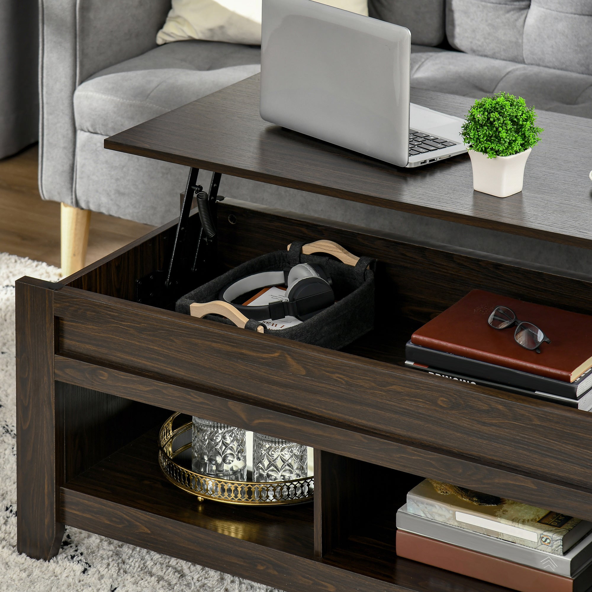 HOMCOM Lift Top Coffee Table with Hidden Storage Compartment and Open Shelves, Lift Tabletop Pop-Up Center Table for Living Room, Dark Walnut