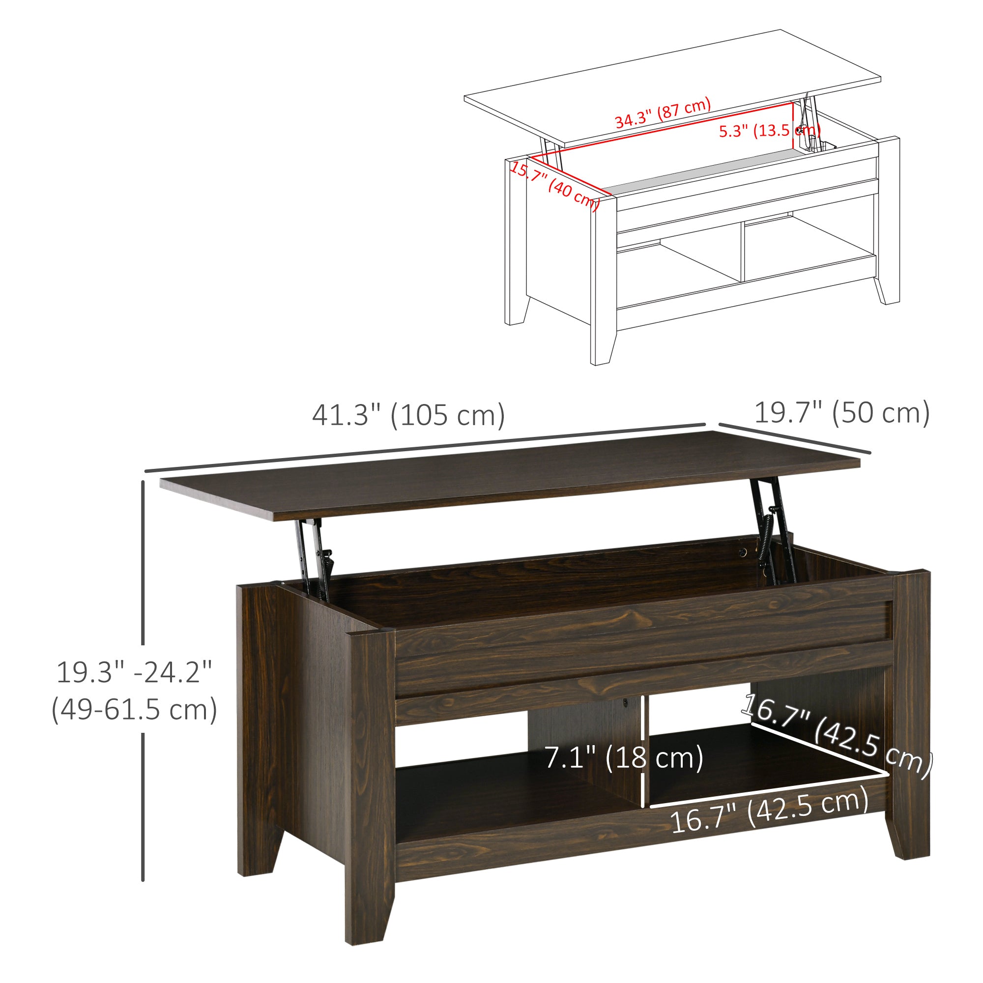 HOMCOM Lift Top Coffee Table with Hidden Storage Compartment and Open Shelves, Lift Tabletop Pop-Up Center Table for Living Room, Dark Walnut